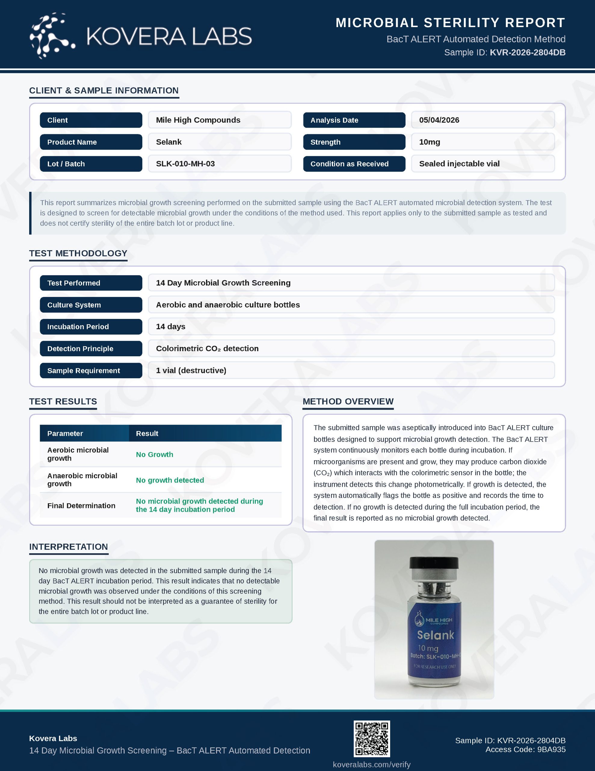 Certificate of Analysis for Selank from Mile High Compounds