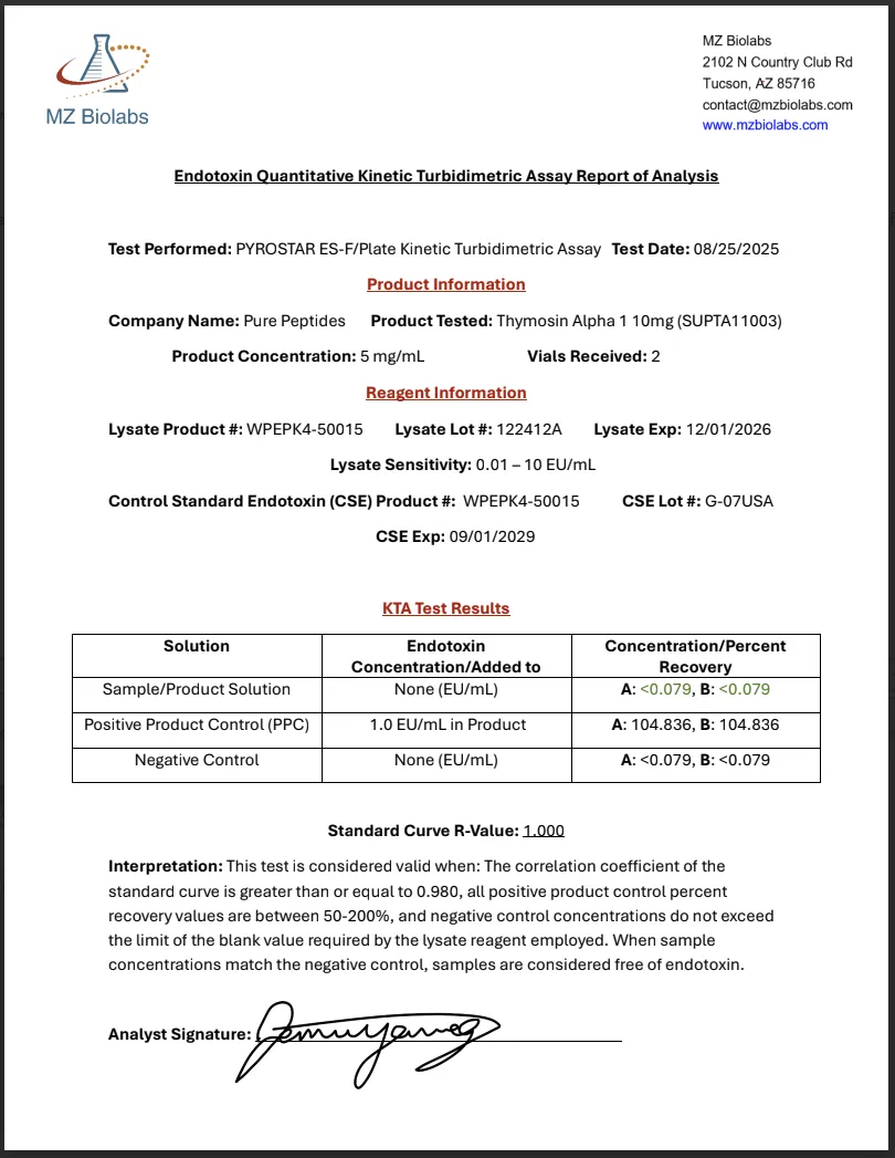 Certificate of Analysis for THYMOSIN ALPHA 1 from Pure Peptides Bio