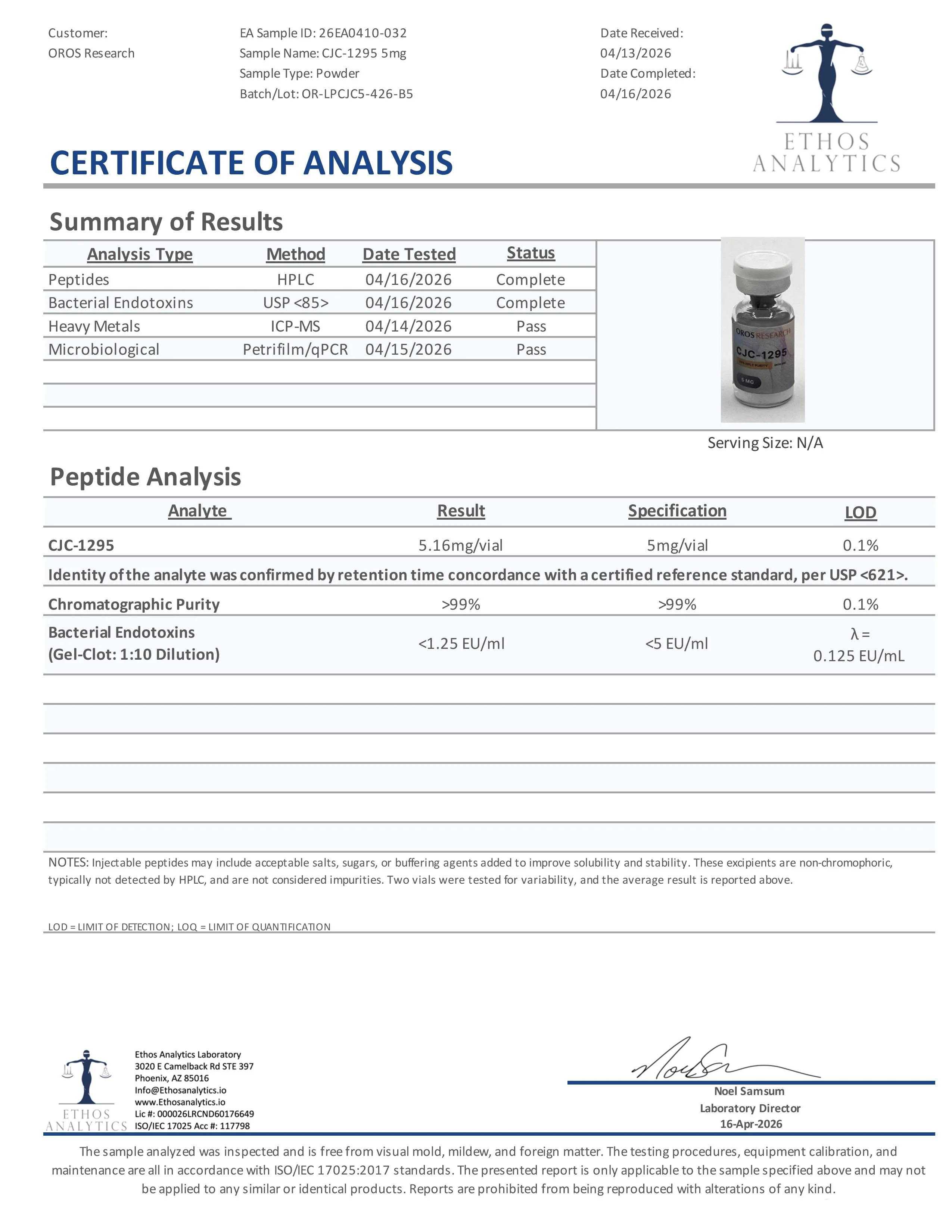 Certificate of Analysis for CJC-1295 (DAC) from Oros Research