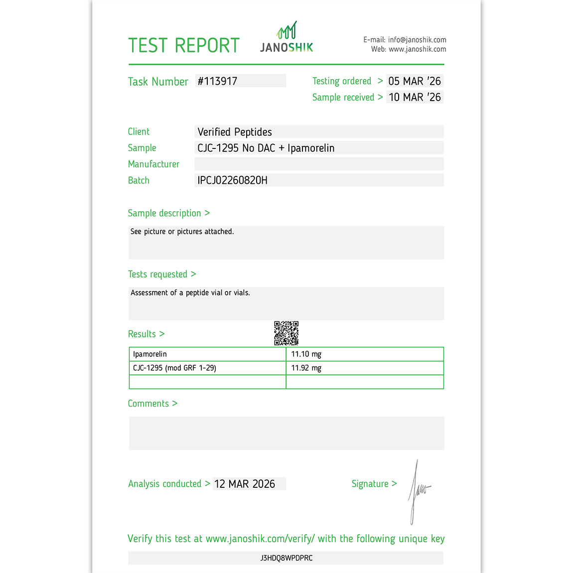 Certificate of Analysis for Blend: Ipamorelin CJC-1295 (No DAC) 20MG from Verified Peptides