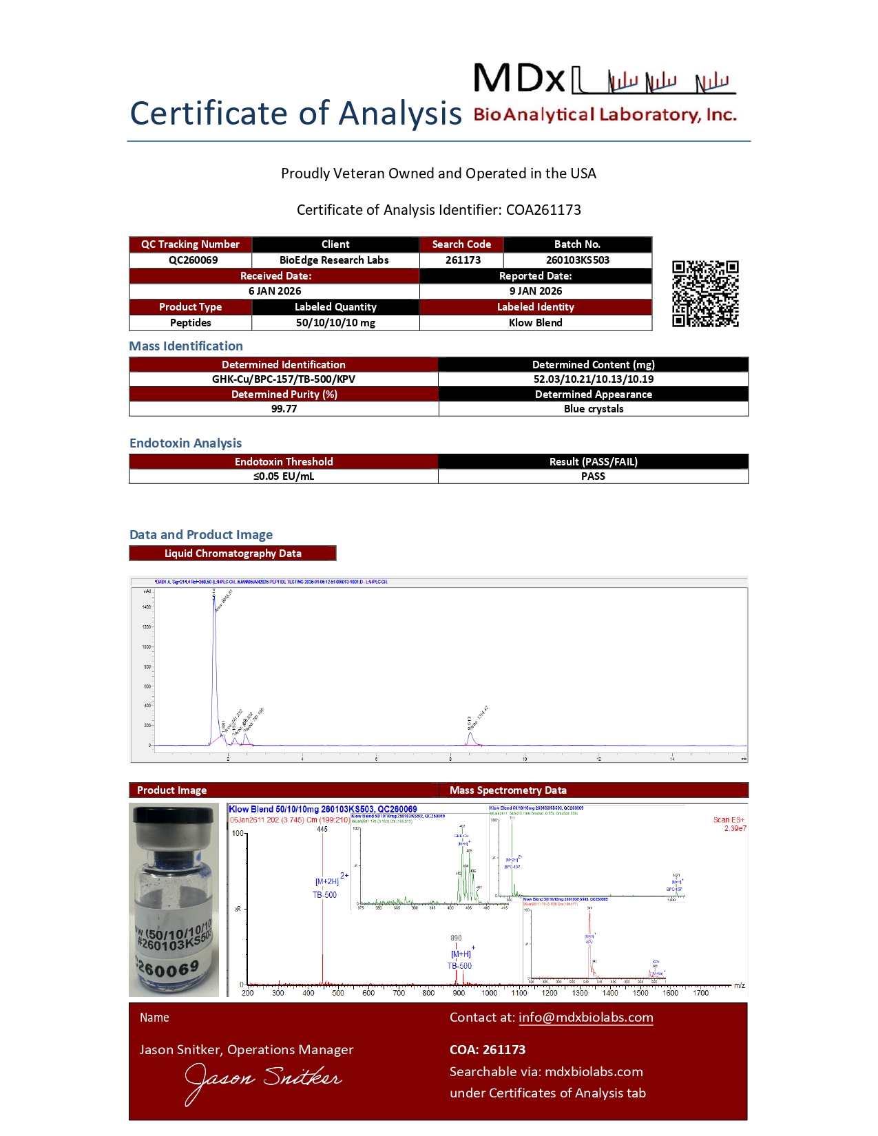 Certificate of Analysis for KLOW: GHK-Cu, KPV, BPC-157 and TB-500 from BioEdge Research Labs
