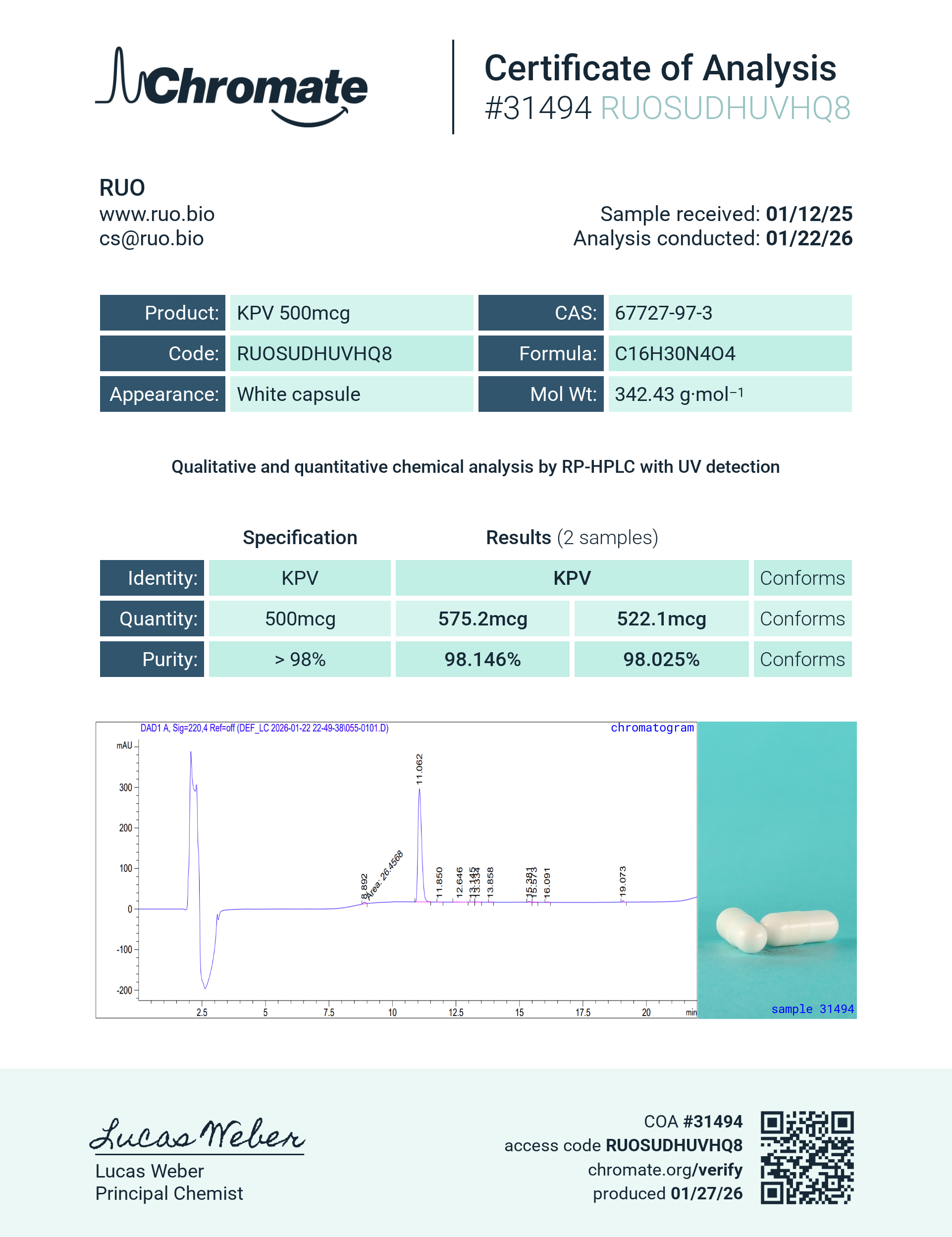 Certificate of Analysis for KPV 5mg from RUO