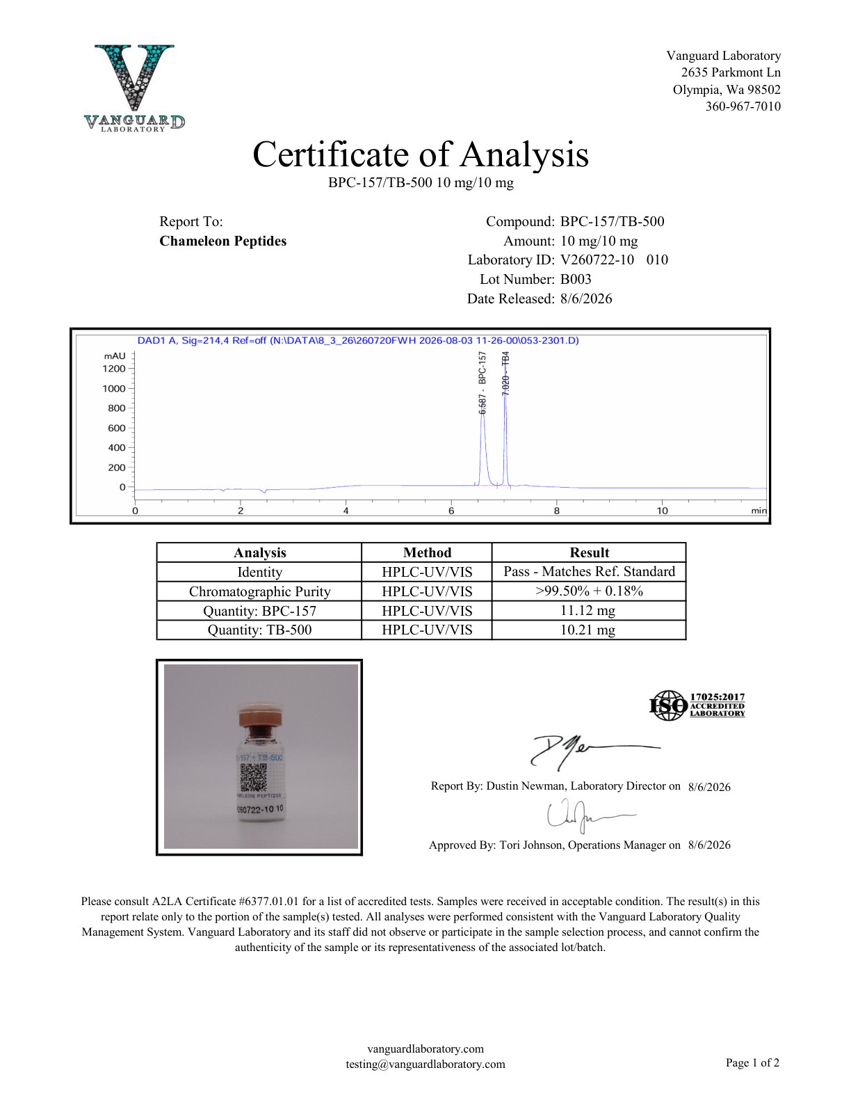 Certificate of Analysis for BPC-157/TB-500 from Chameleon Peptides