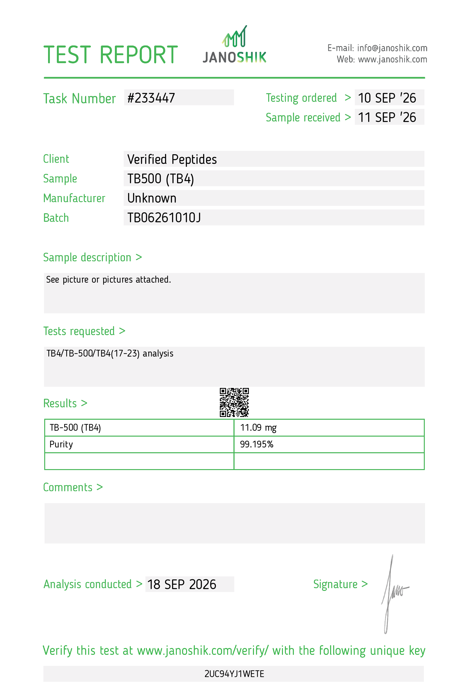 Certificate of Analysis for TB-500 Peptide (TB4) 10MG from Verified Peptides