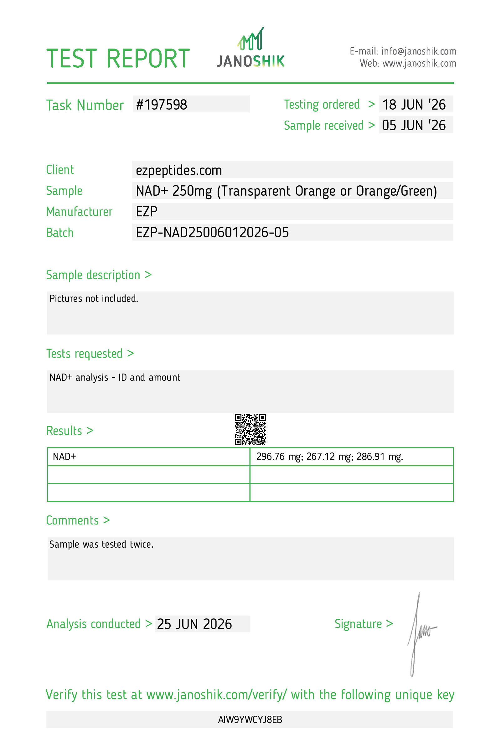 Certificate of Analysis for Buffered NAD+ 250MG from EZ Peptides