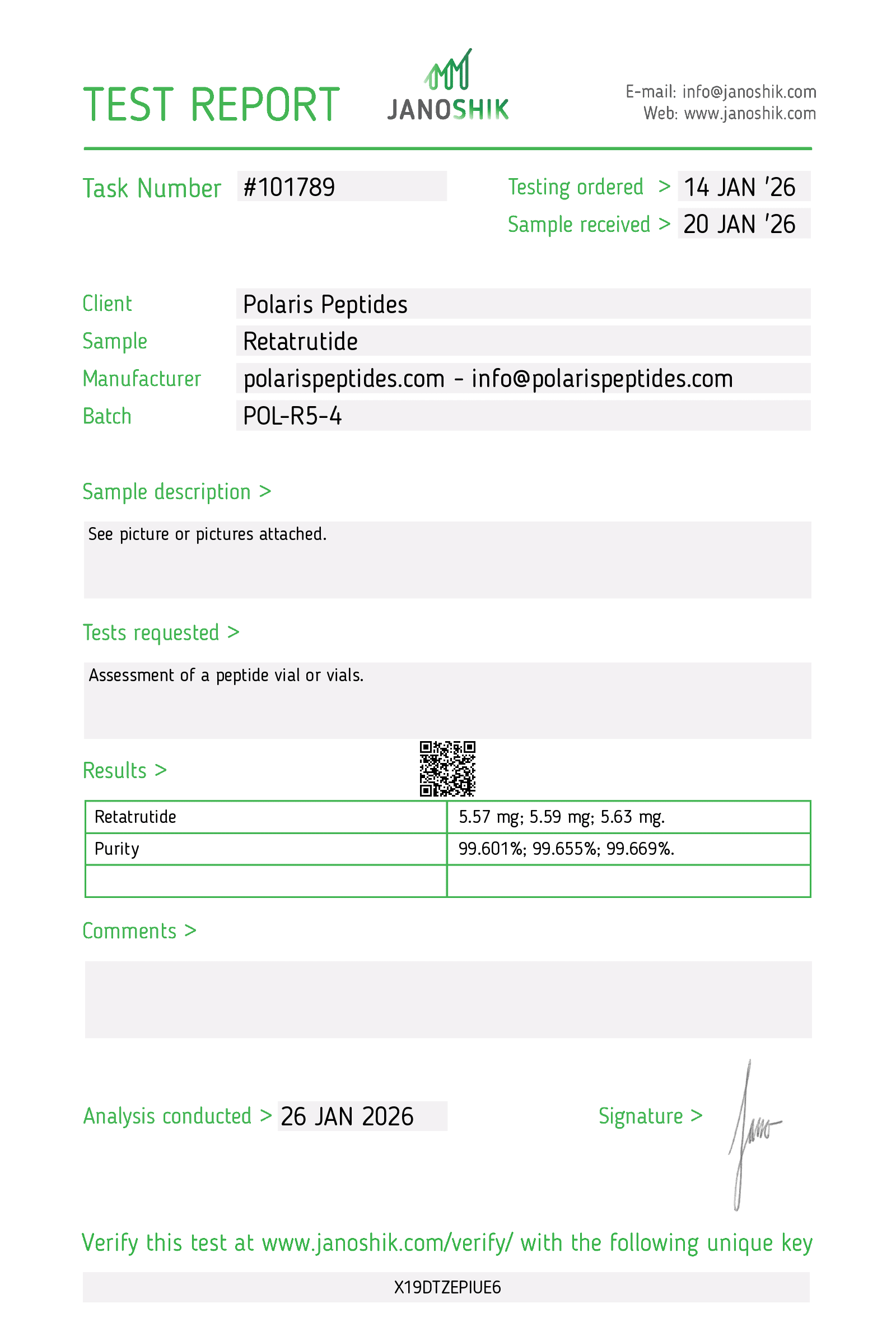Certificate of Analysis for Retatrutide 5mg from Polaris Peptides