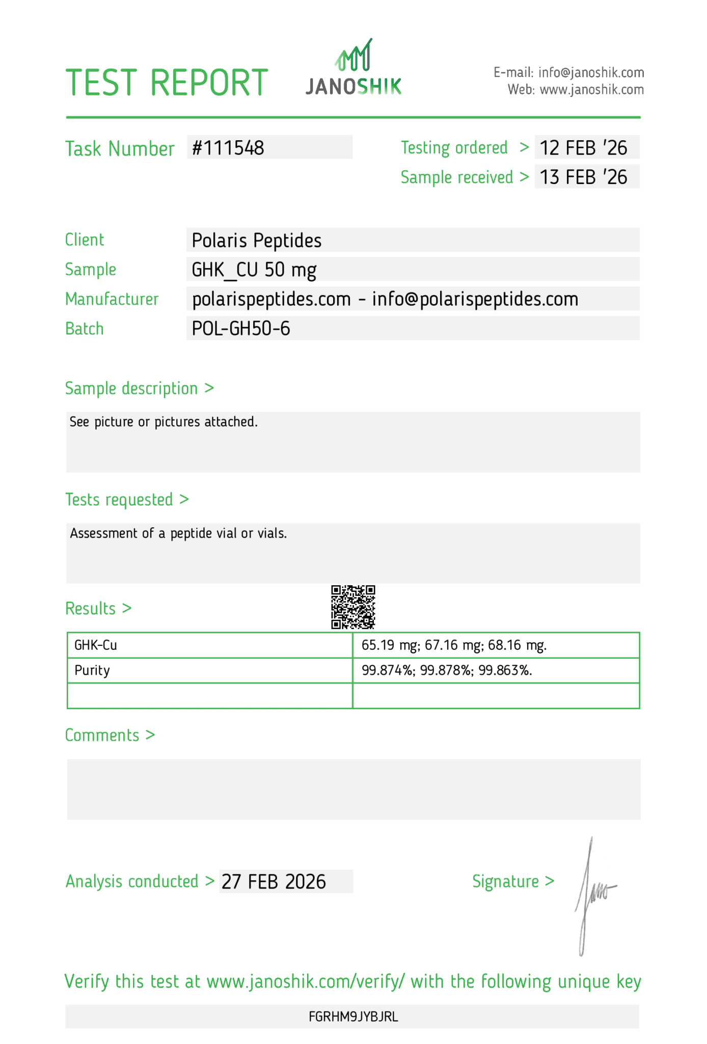 Certificate of Analysis for GHK-CU 50mg from Polaris Peptides
