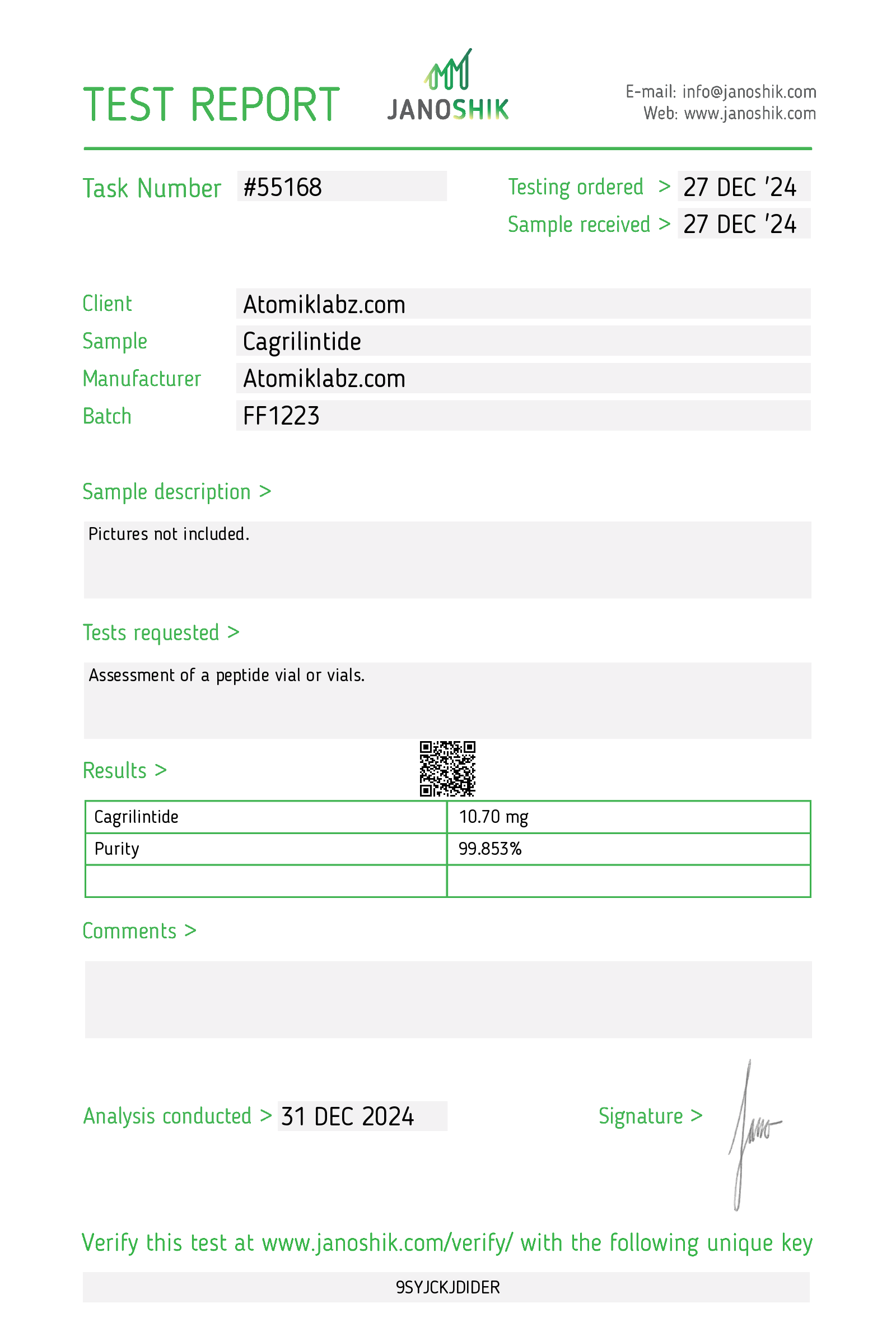 Certificate of Analysis for Cagrilintide from Atomik Labz