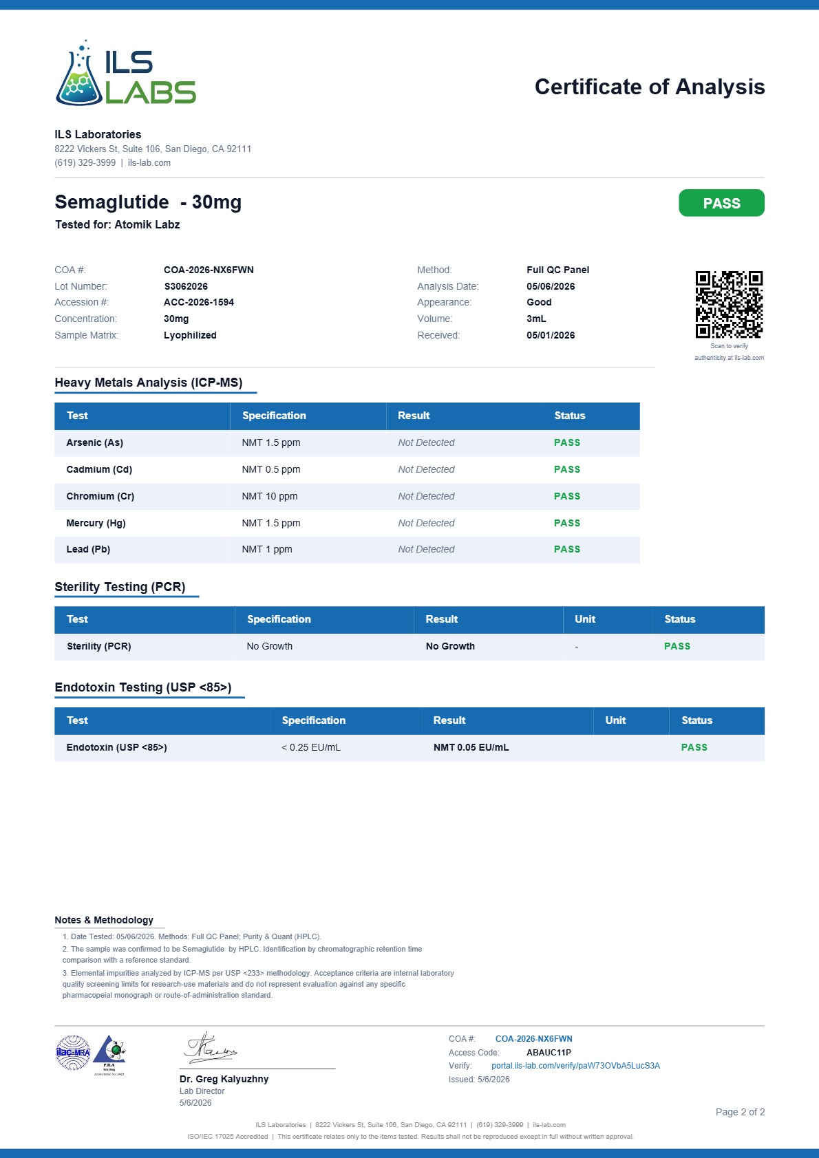 Certificate of Analysis for Semaglutide from Atomik Labz