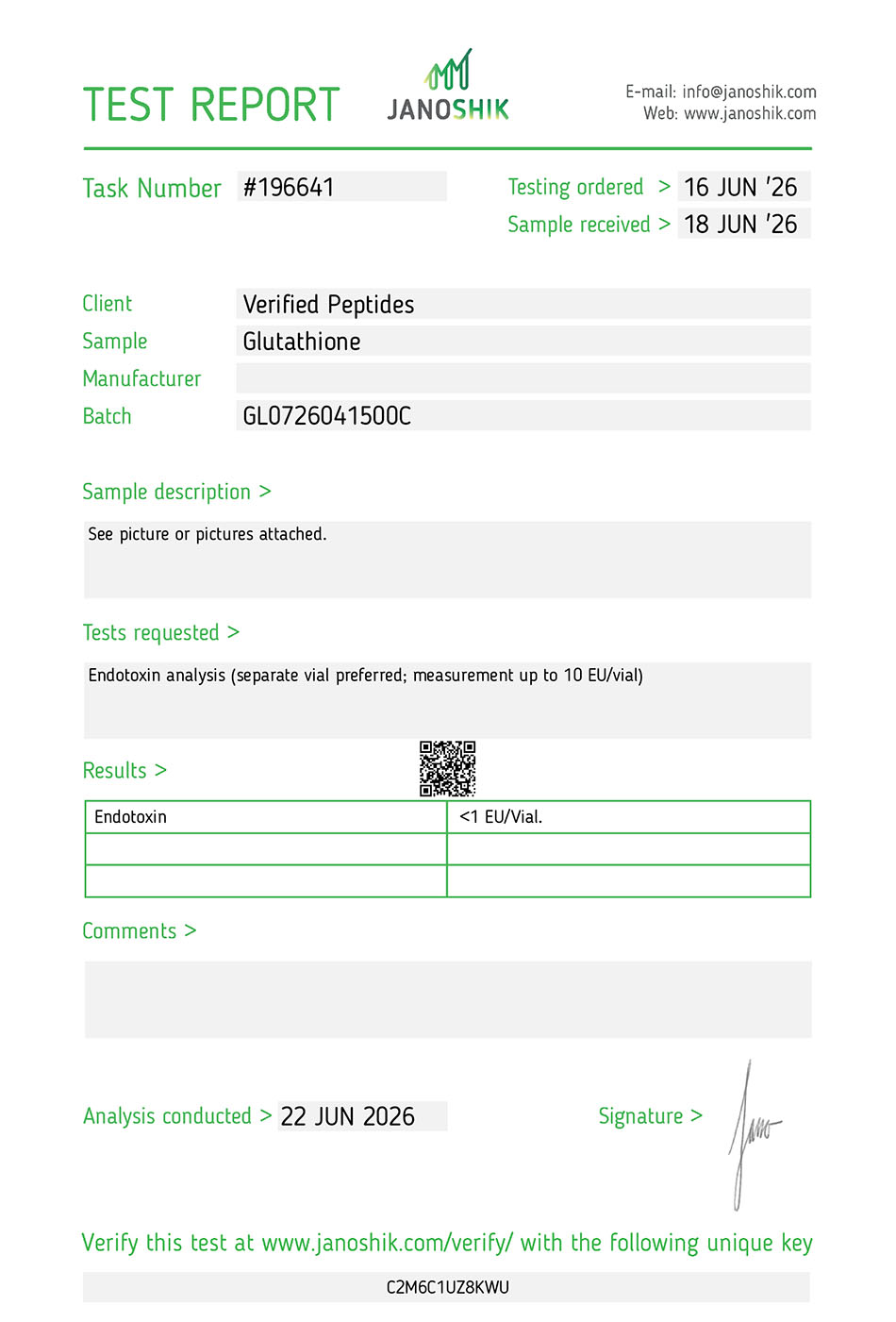 Certificate of Analysis for Glutathione Peptide (1500MG) from Verified Peptides
