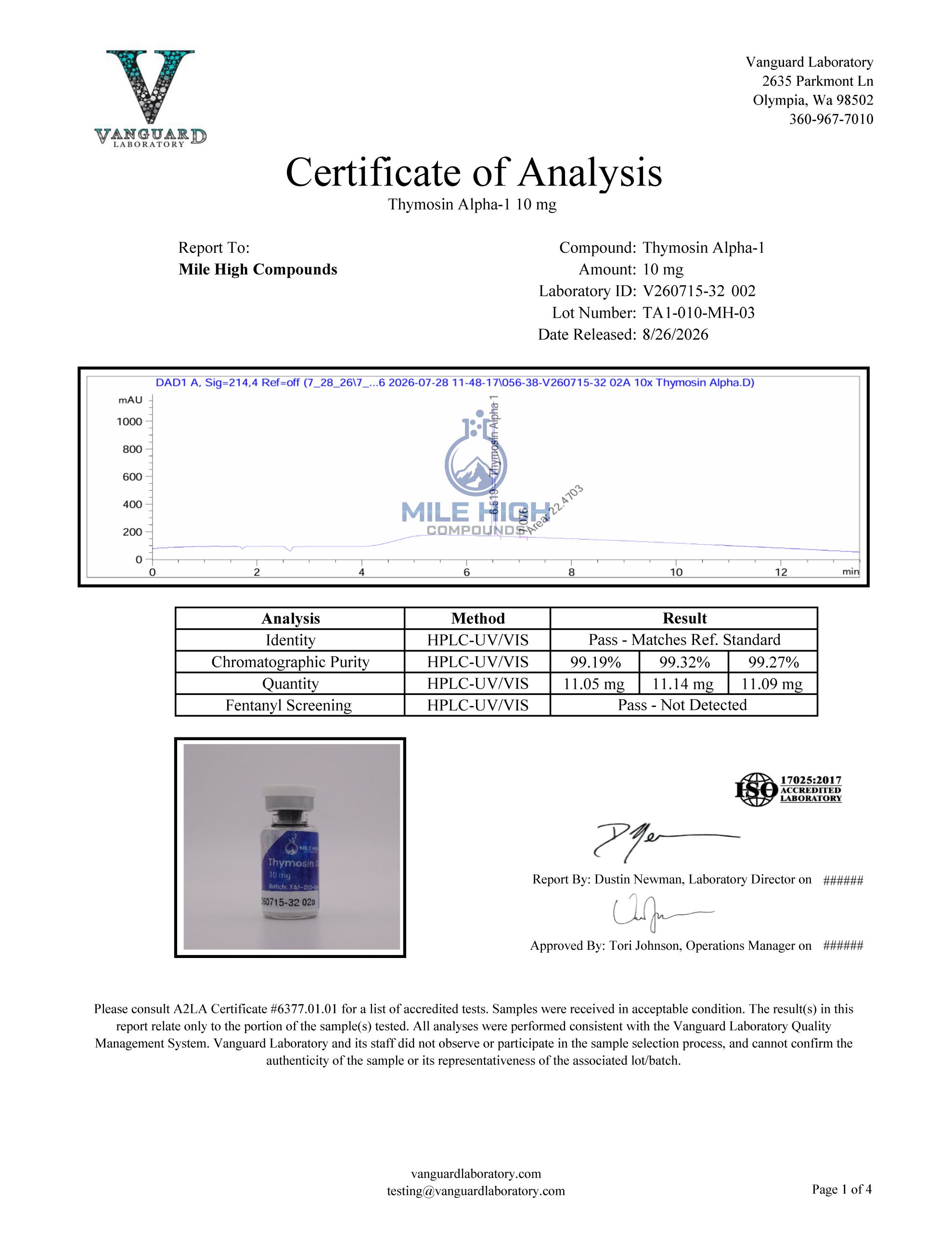 Certificate of Analysis for Thymosin Alpha 1 from Mile High Compounds