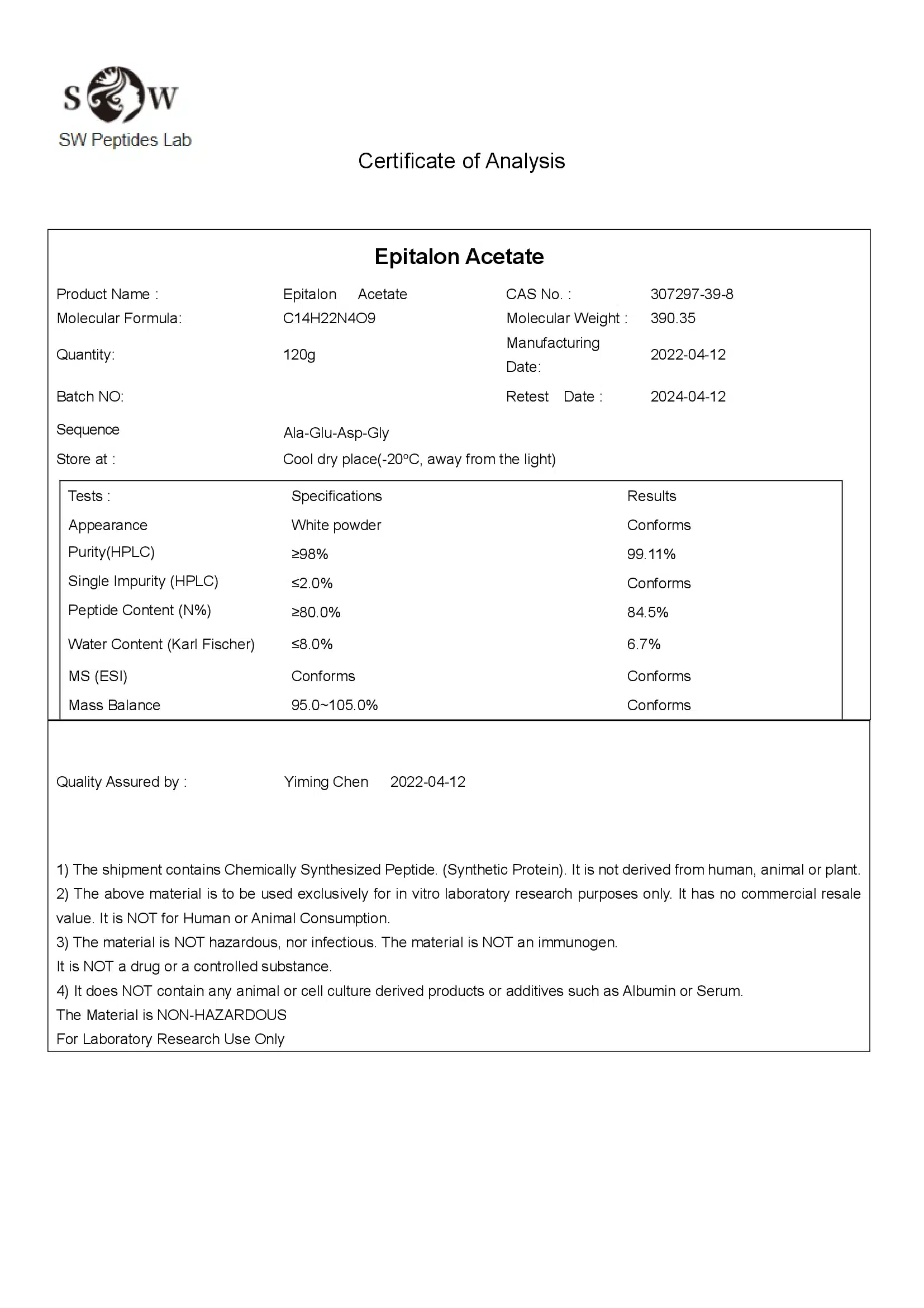Certificate of Analysis for Epithalon 100mg from Peptide Sources