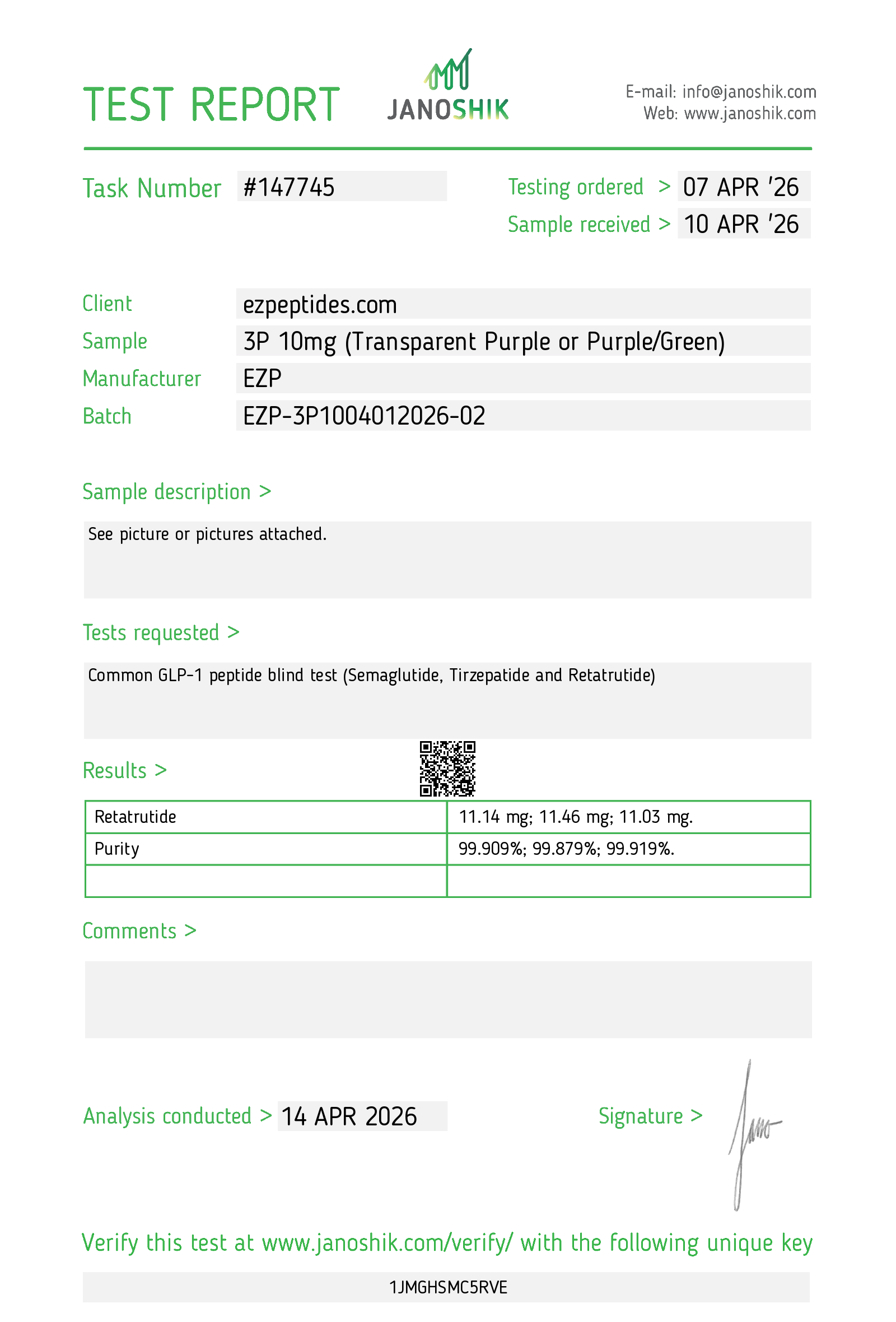 Certificate of Analysis for EZP-3P 10mg from EZ Peptides