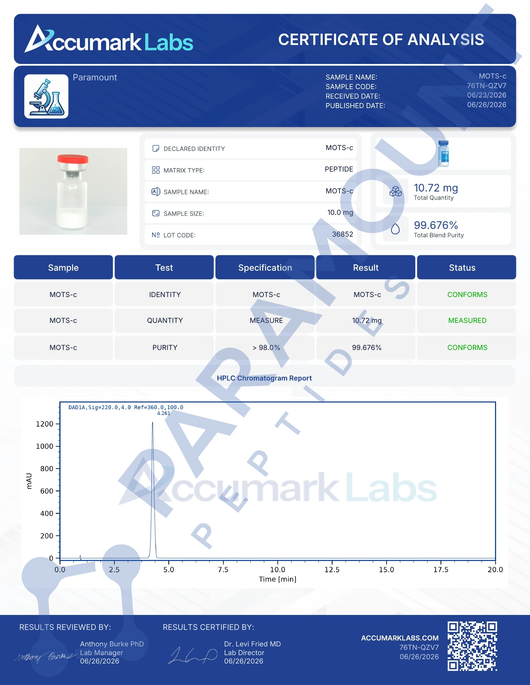 Certificate of Analysis for MOTS-c (10mg) from Paramount Peptides