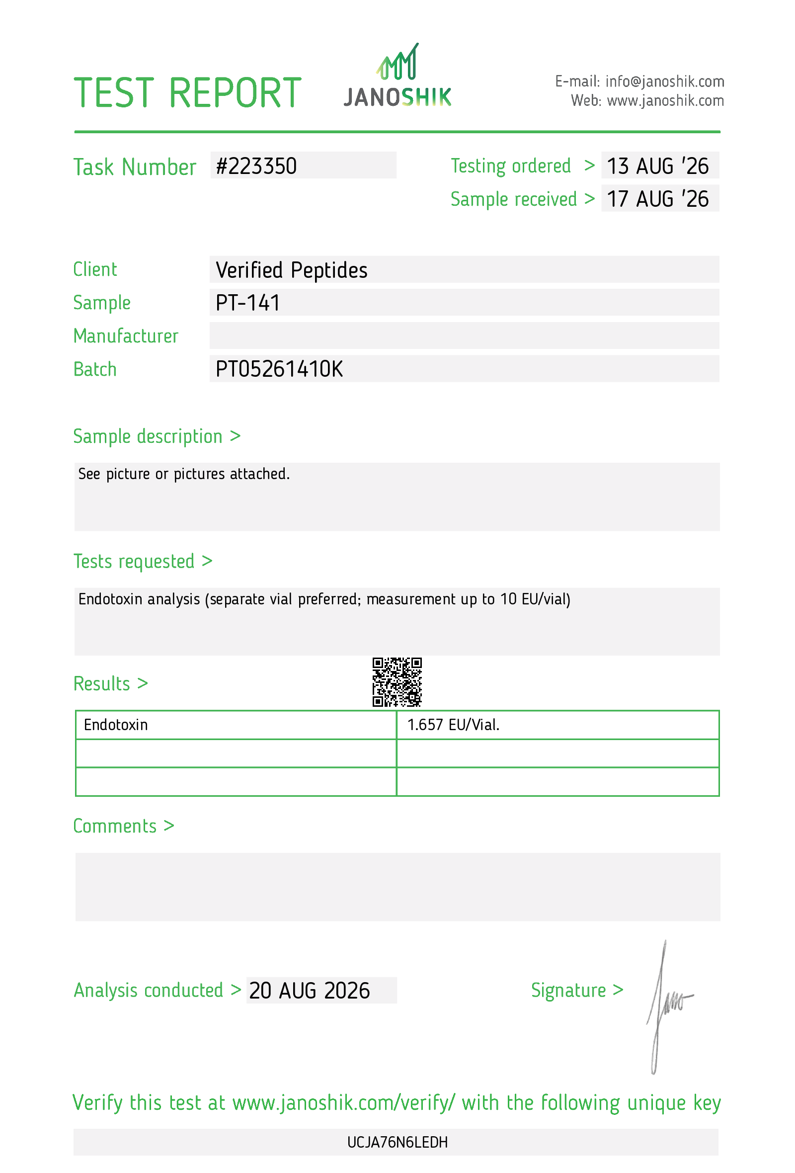 Certificate of Analysis for PT-141 Peptide (10MG) from Verified Peptides