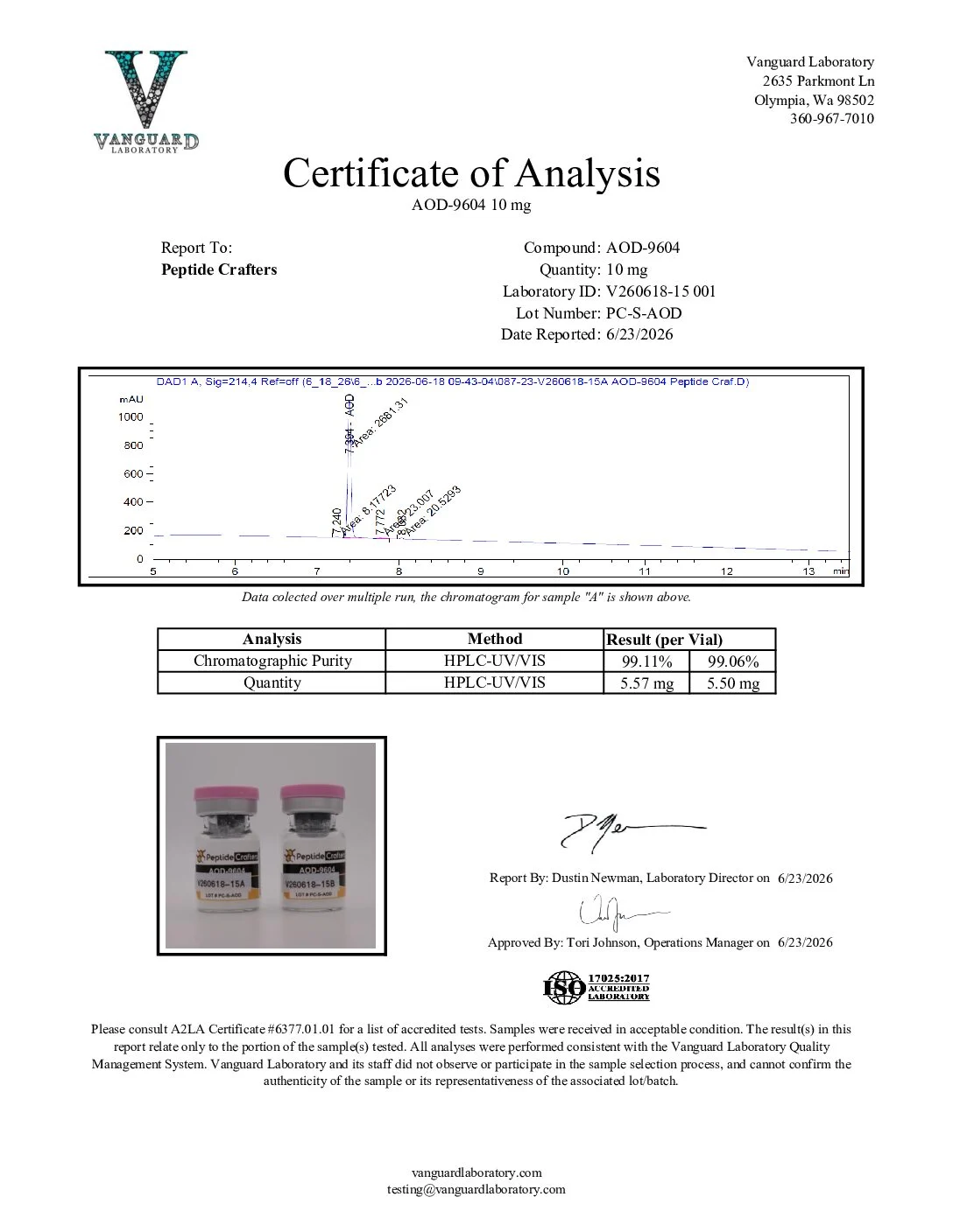 Certificate of Analysis for AOD-9604 (5mg) – New Clear Non-Gel Formula from Peptide Crafters