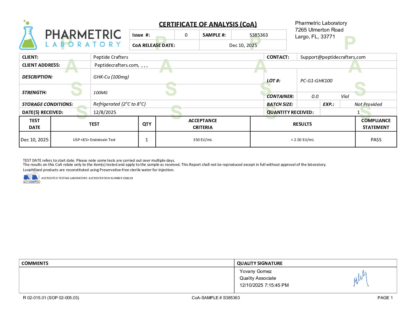 Certificate of Analysis for GHK-Cu (100mg) - In Large 8mL Vial from Peptide Crafters