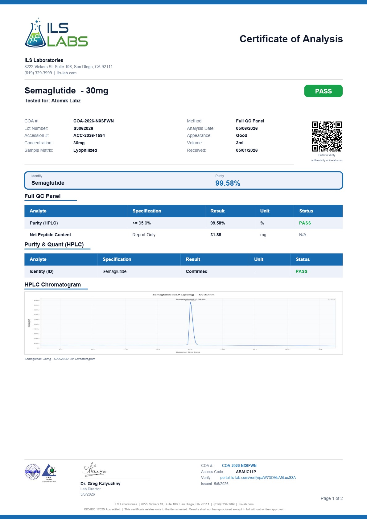 Certificate of Analysis for Semaglutide from Atomik Labz