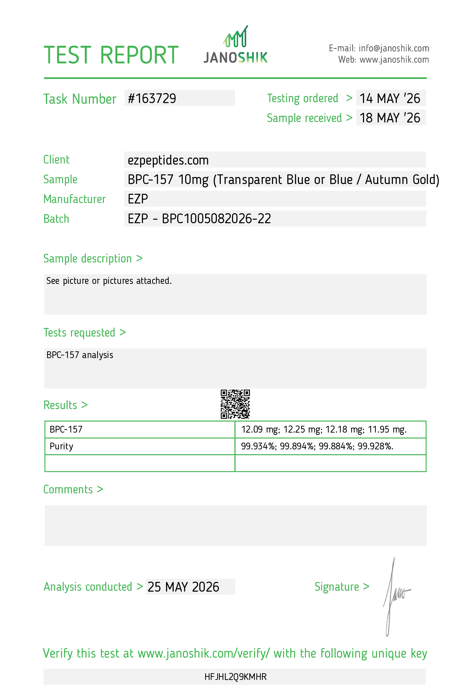 Certificate of Analysis for BPC-157 10mg from EZ Peptides
