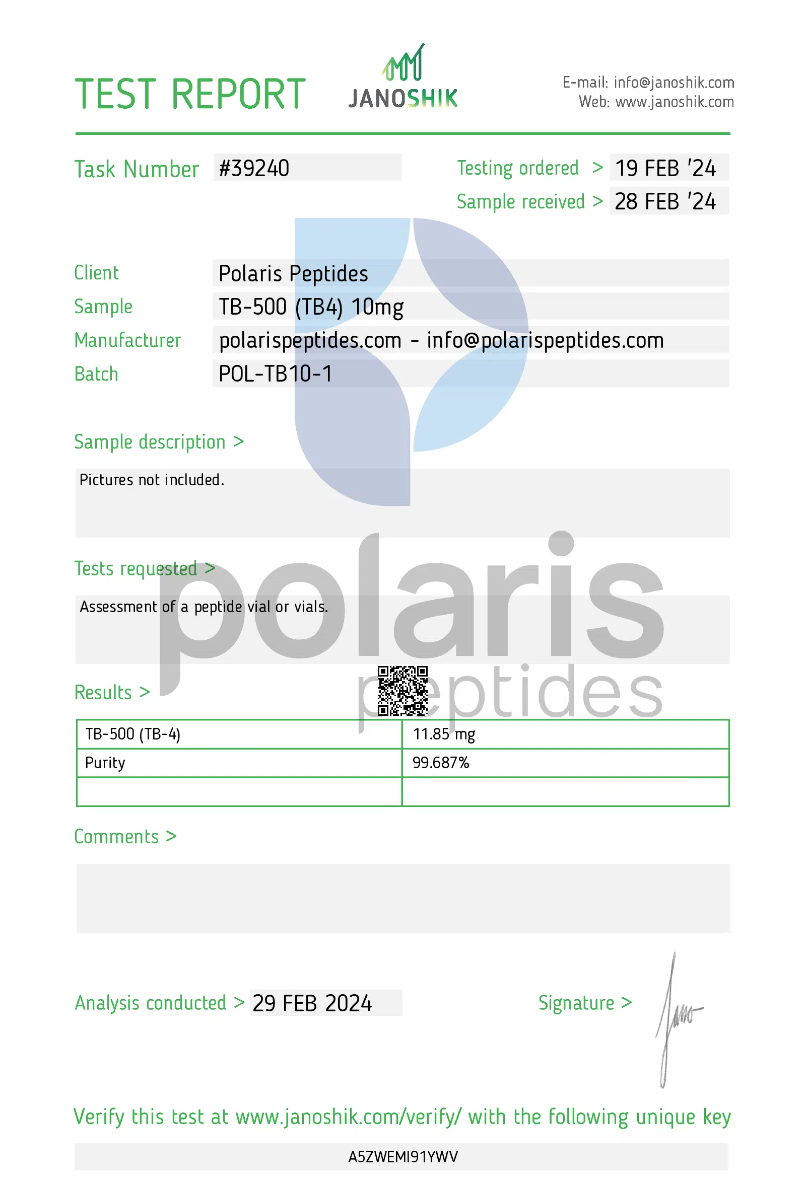 Certificate of Analysis for TB-500 10mg from Polaris Peptides