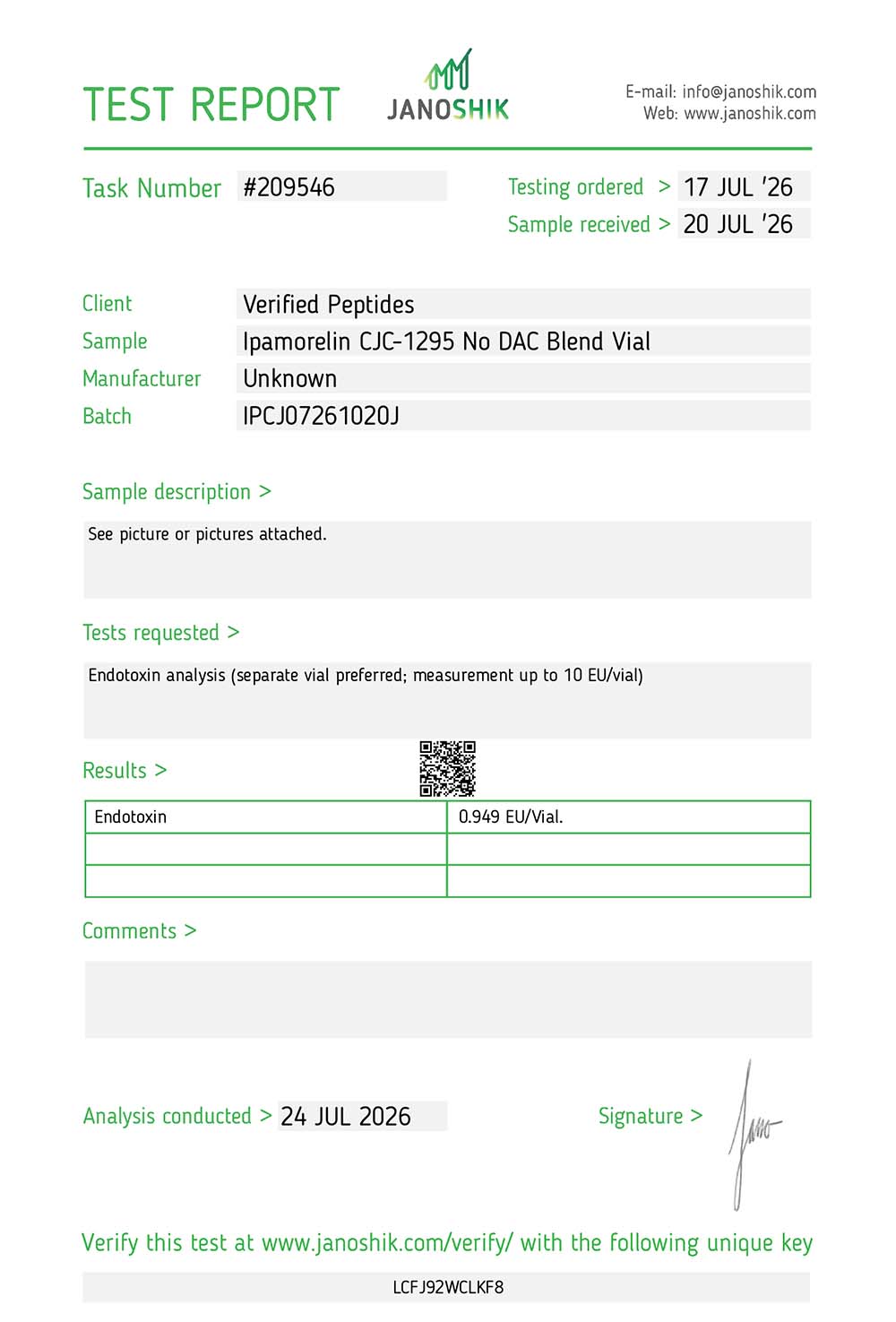 Certificate of Analysis for Blend: Ipamorelin CJC-1295 (No DAC) 20MG from Verified Peptides