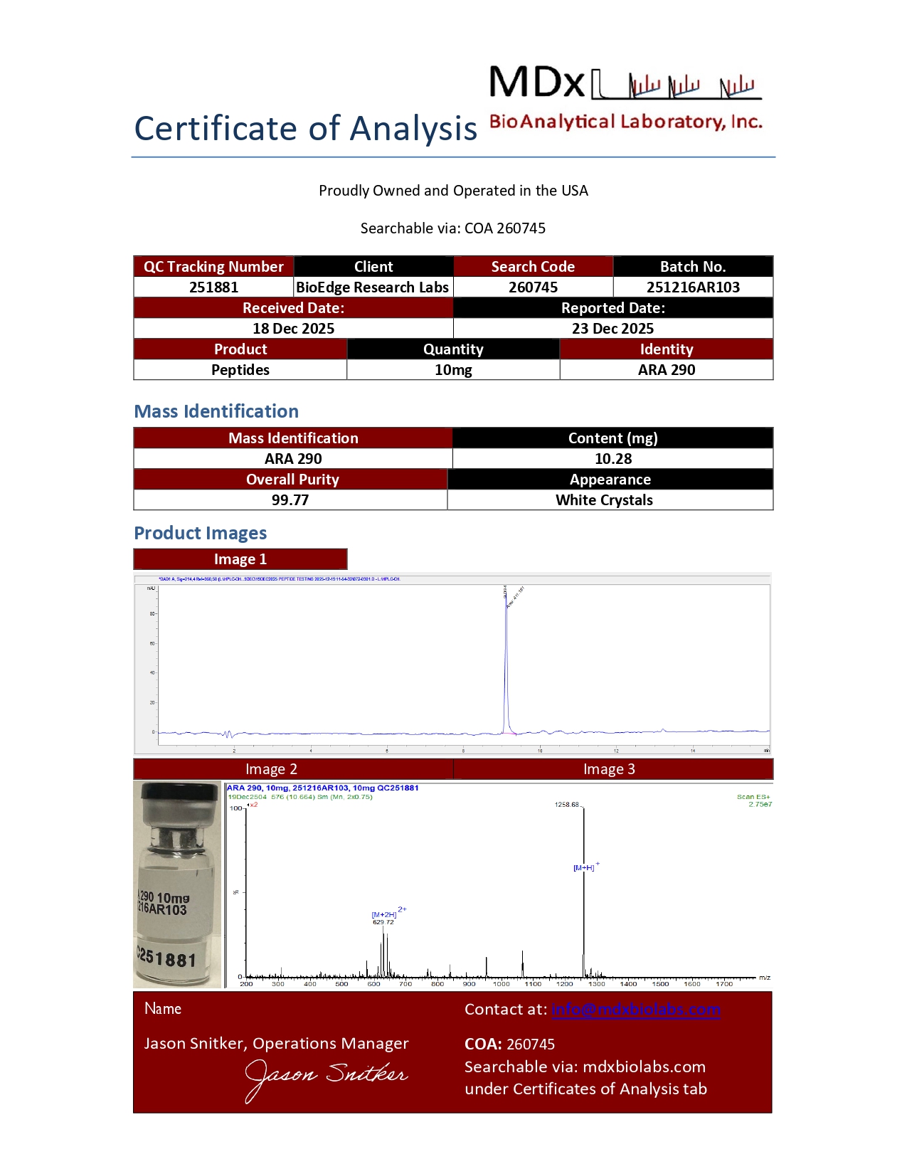 Certificate of Analysis for ARA-290 (16mg) 16MG from BioEdge Research Labs