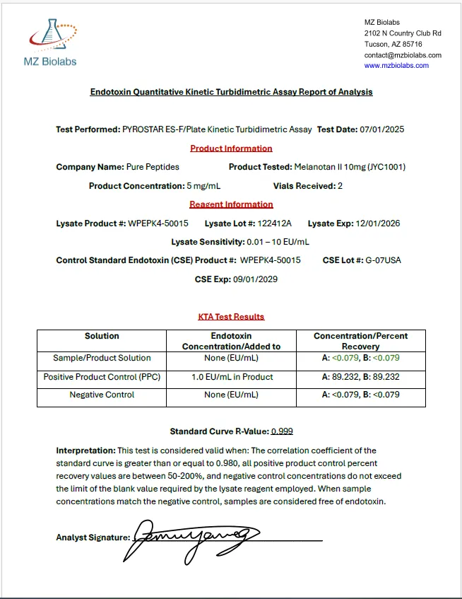 Certificate of Analysis for MELANONTAN II 10MG from Pure Peptides Bio