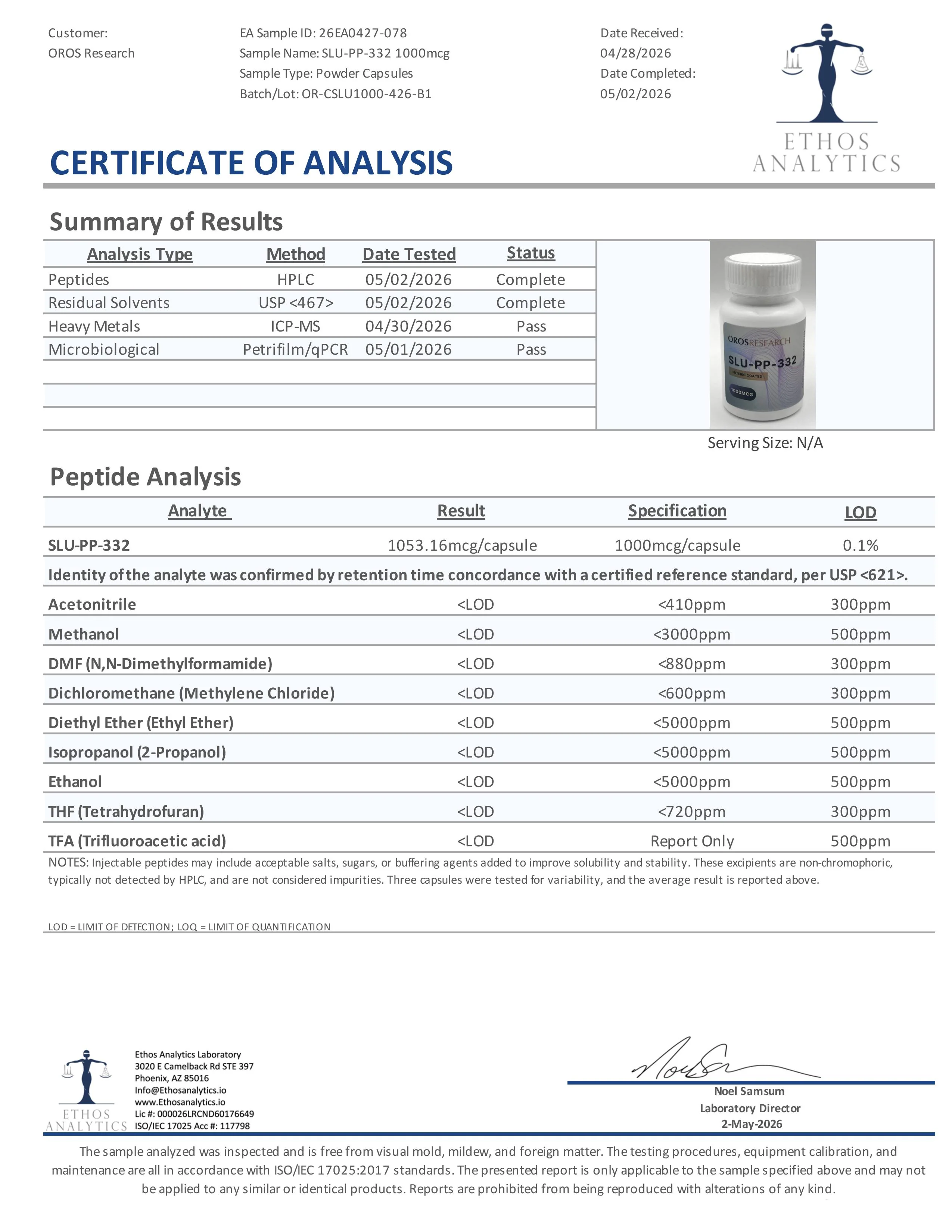 Certificate of Analysis for SLU-PP-332 Capsules from Oros Research