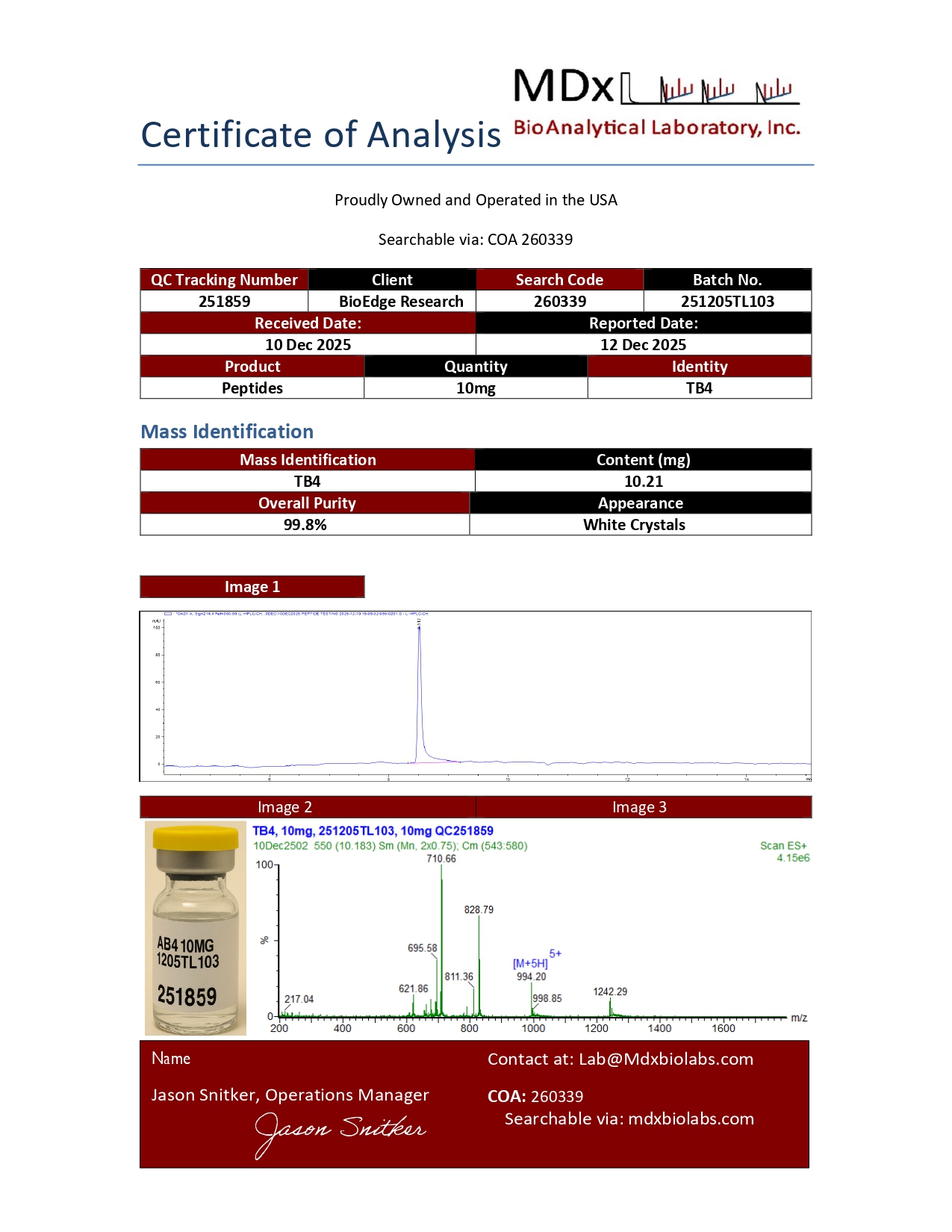 Certificate of Analysis for TB4 (TB500) 10mg from BioEdge Research Labs