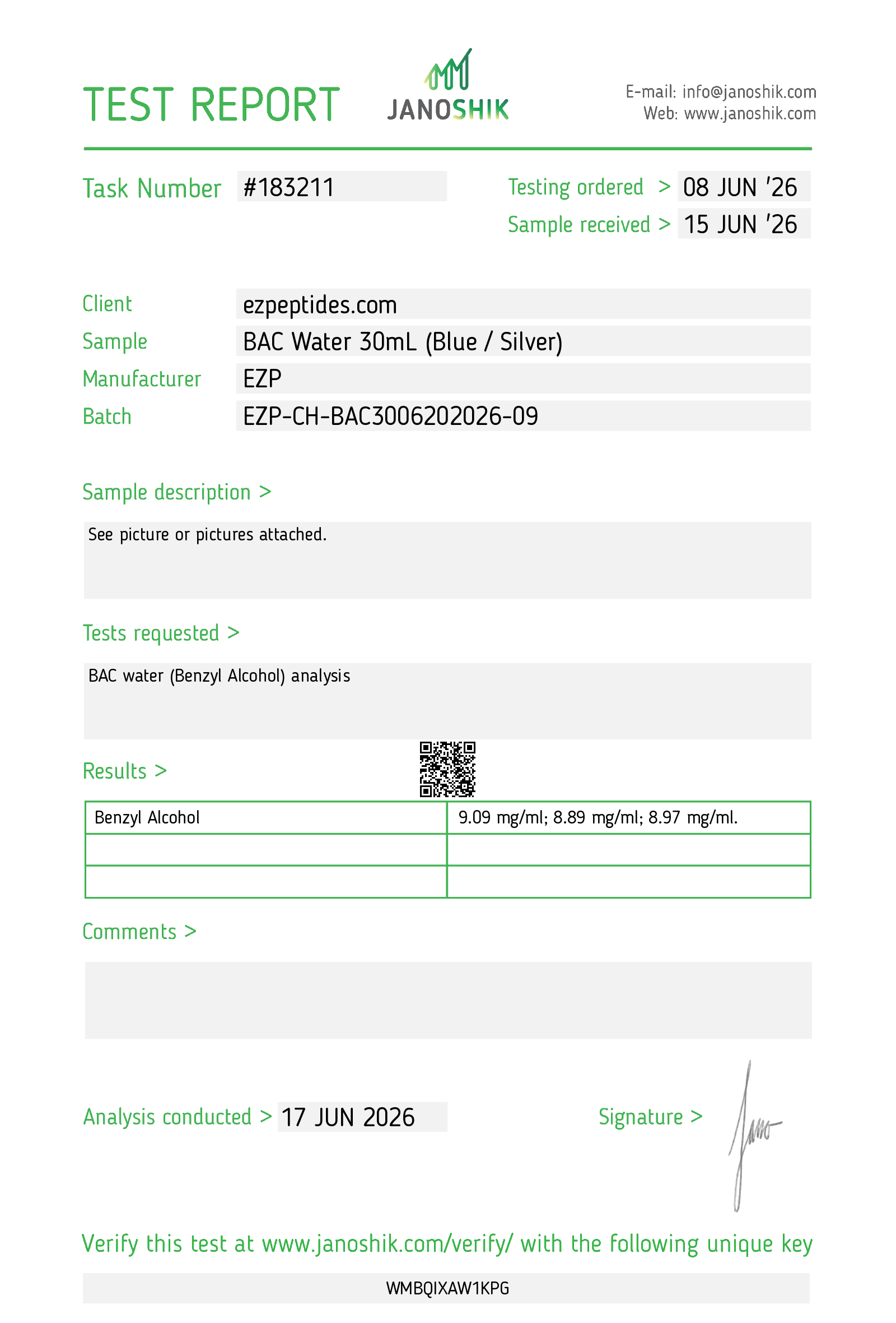 Certificate of Analysis for Research Diluent Solution 30mL from EZ Peptides