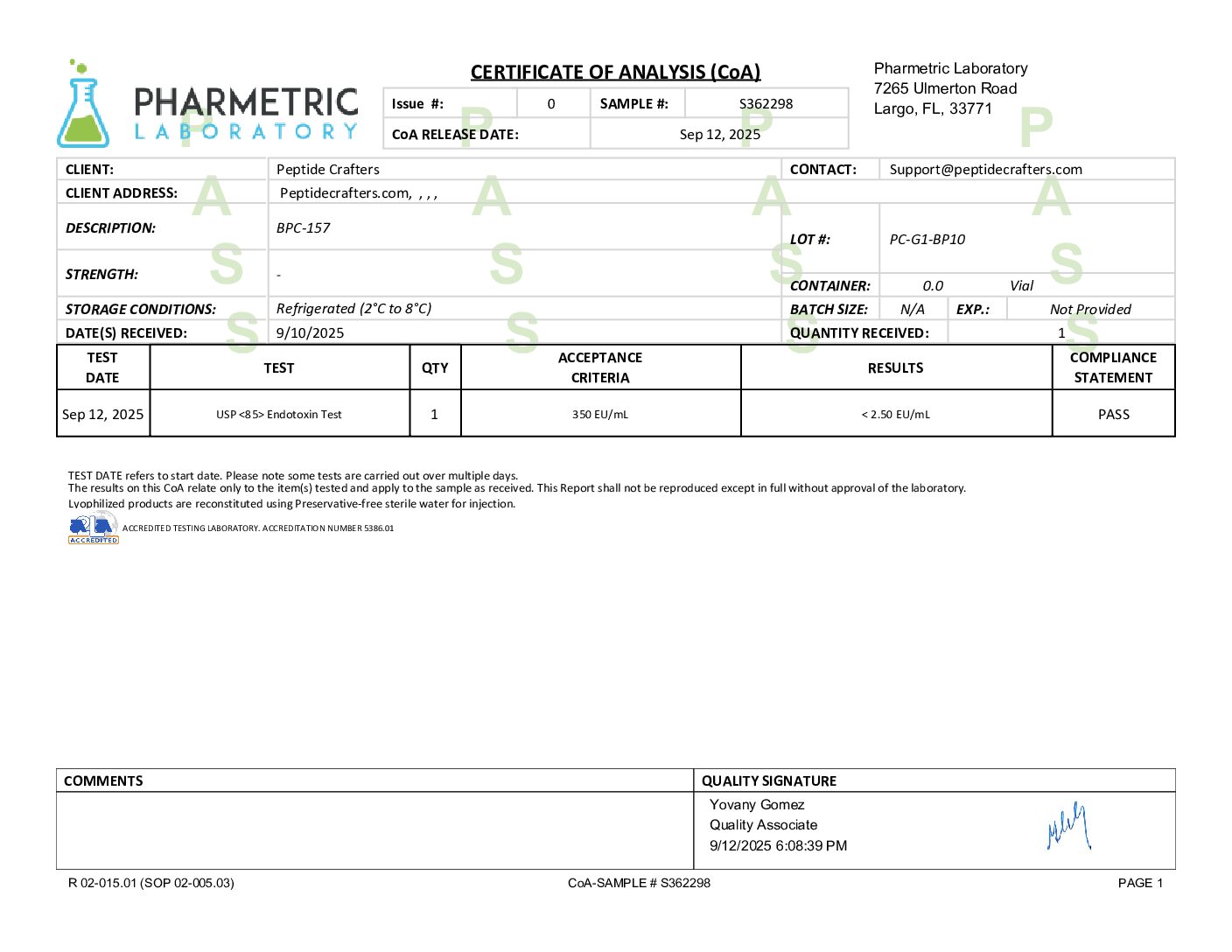 Certificate of Analysis for BPC-157 (10mg) from Peptide Crafters