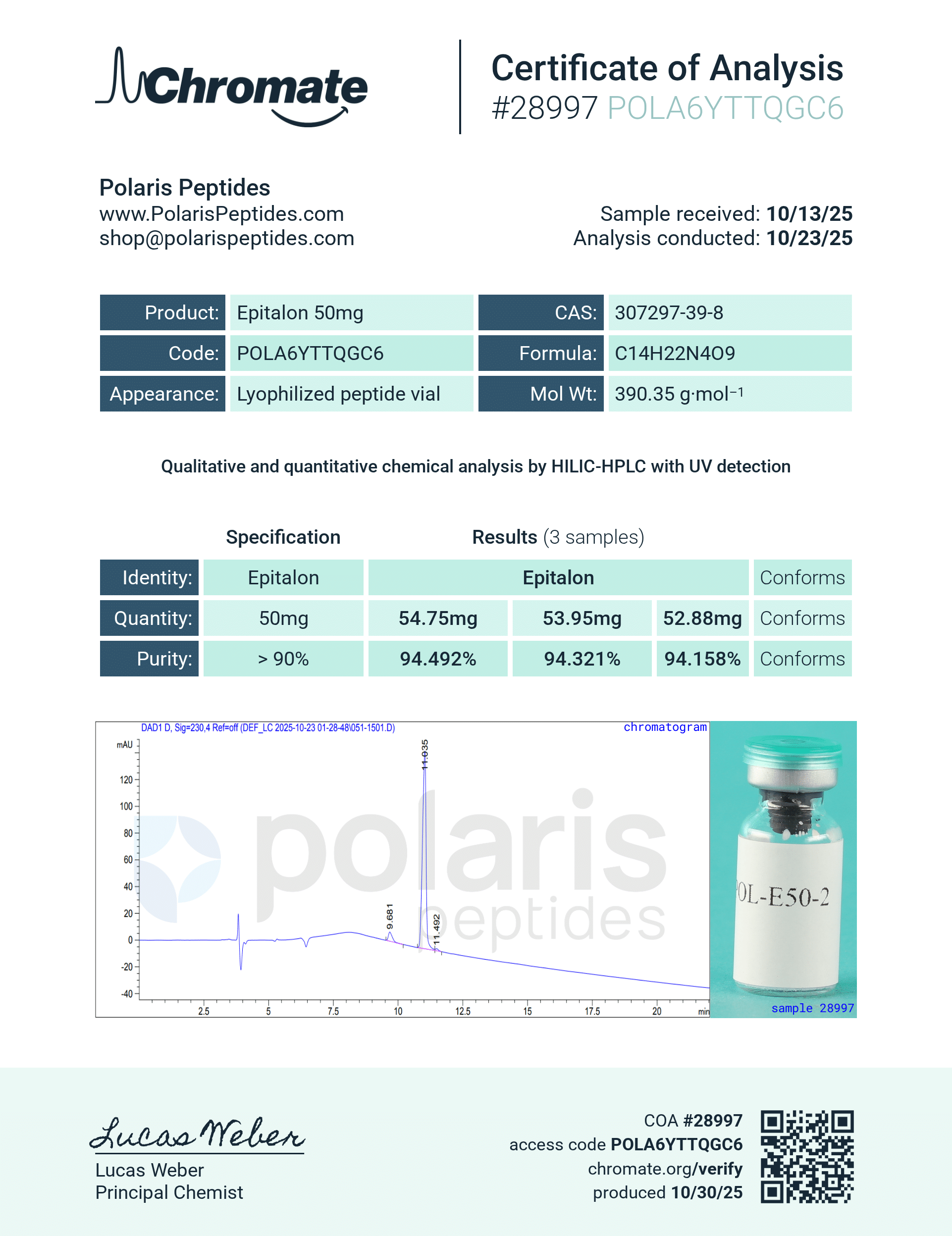 Certificate of Analysis for Epithalon 50mg from Polaris Peptides