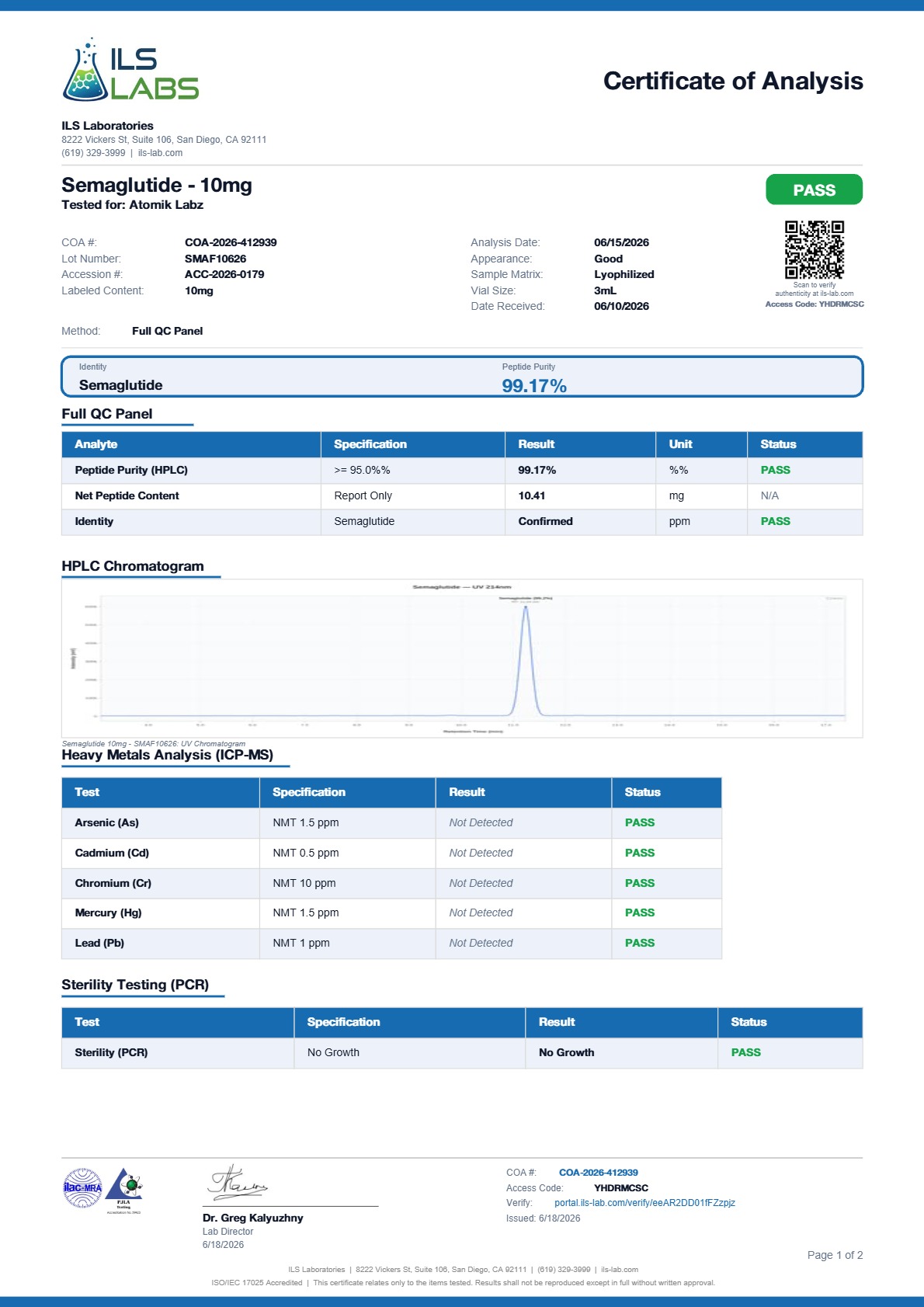 Certificate of Analysis for Semaglutide from Atomik Labz