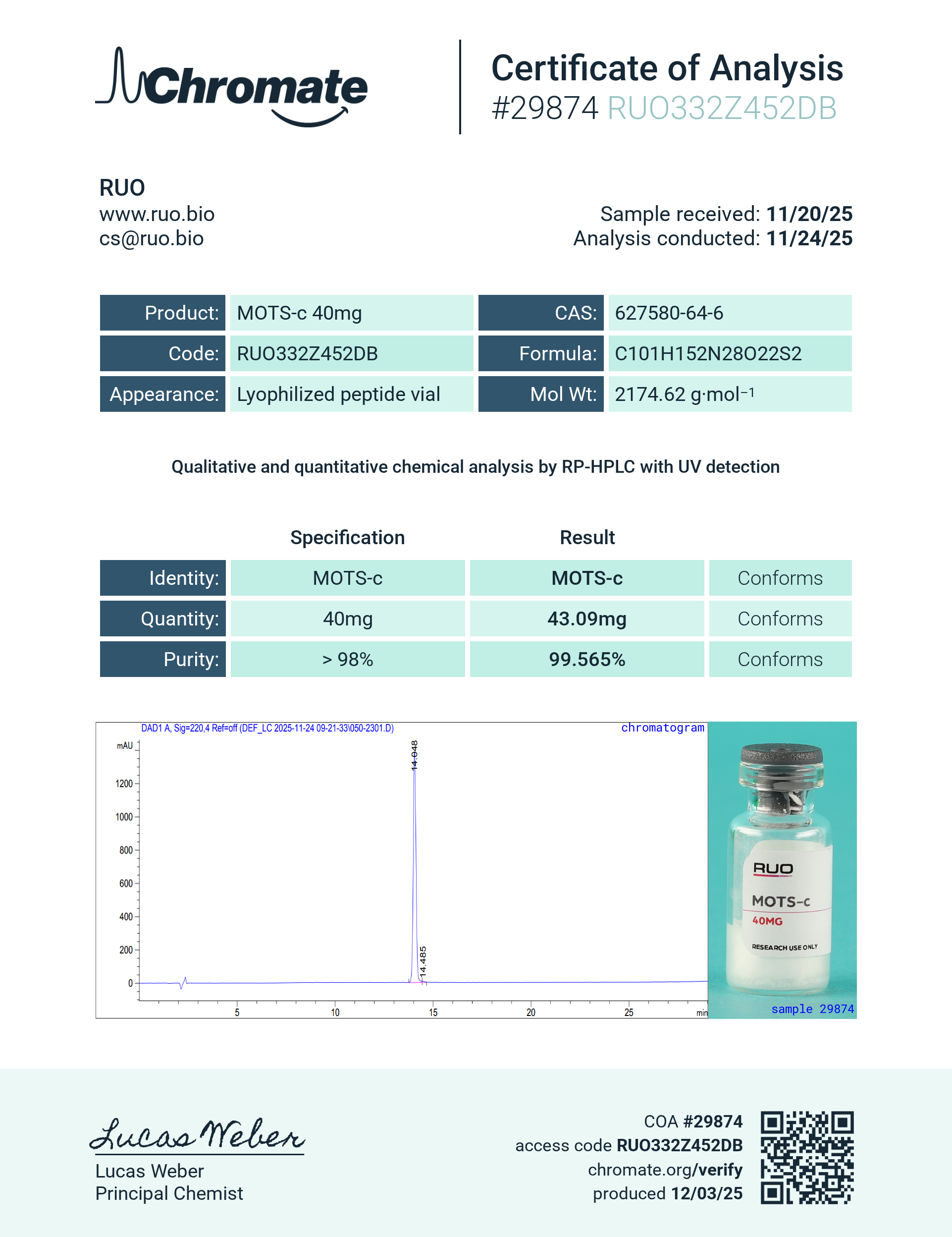 Certificate of Analysis for MOTS-c (10mg) from RUO