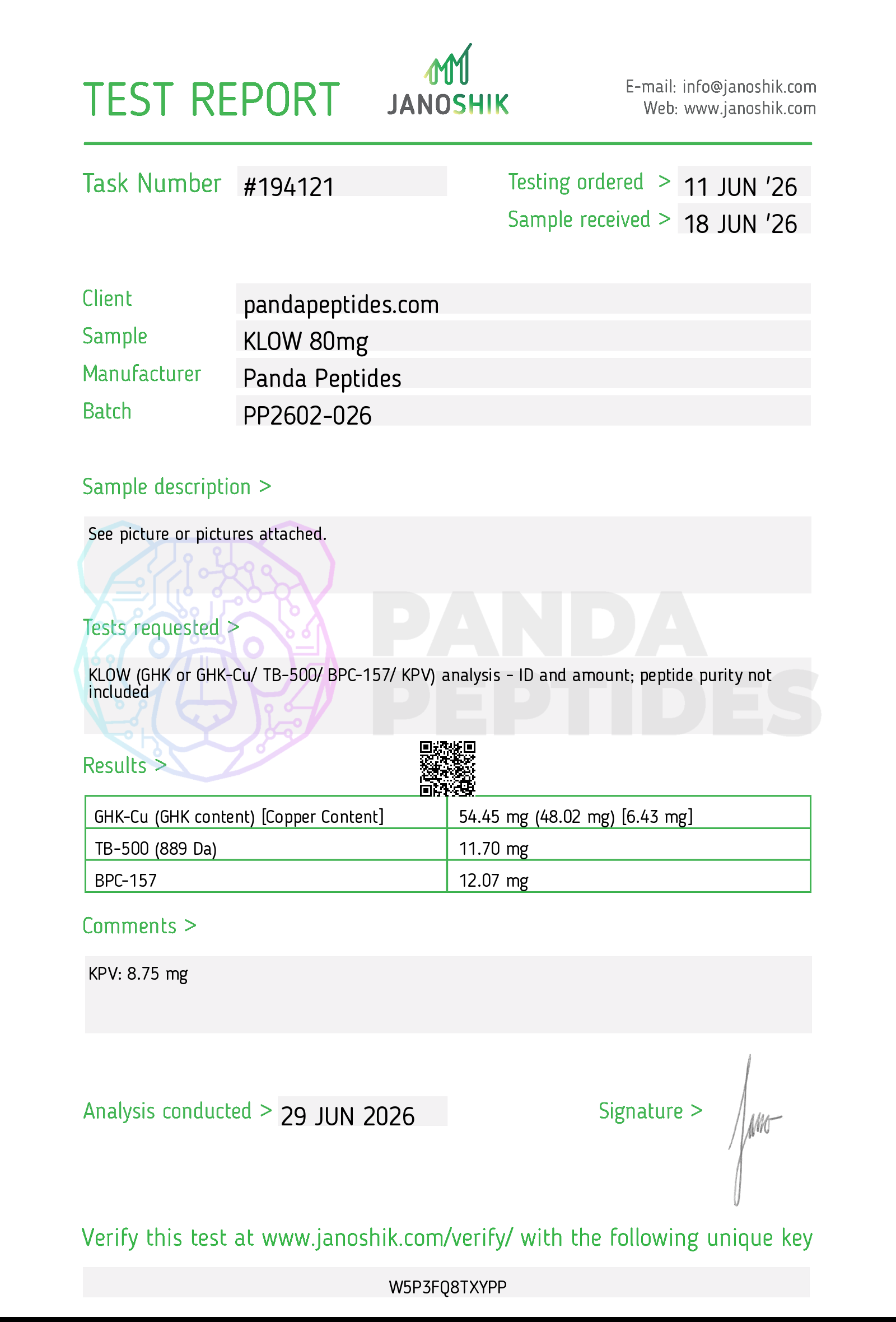 Certificate of Analysis for KLOW 80mg from Panda Peptides