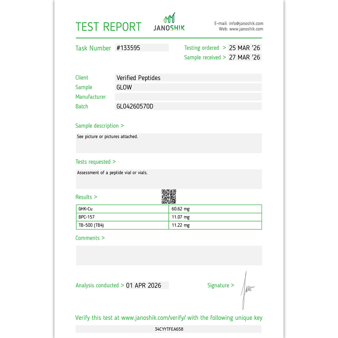 Certificate of Analysis for GLOW Peptide Blend from Verified Peptides