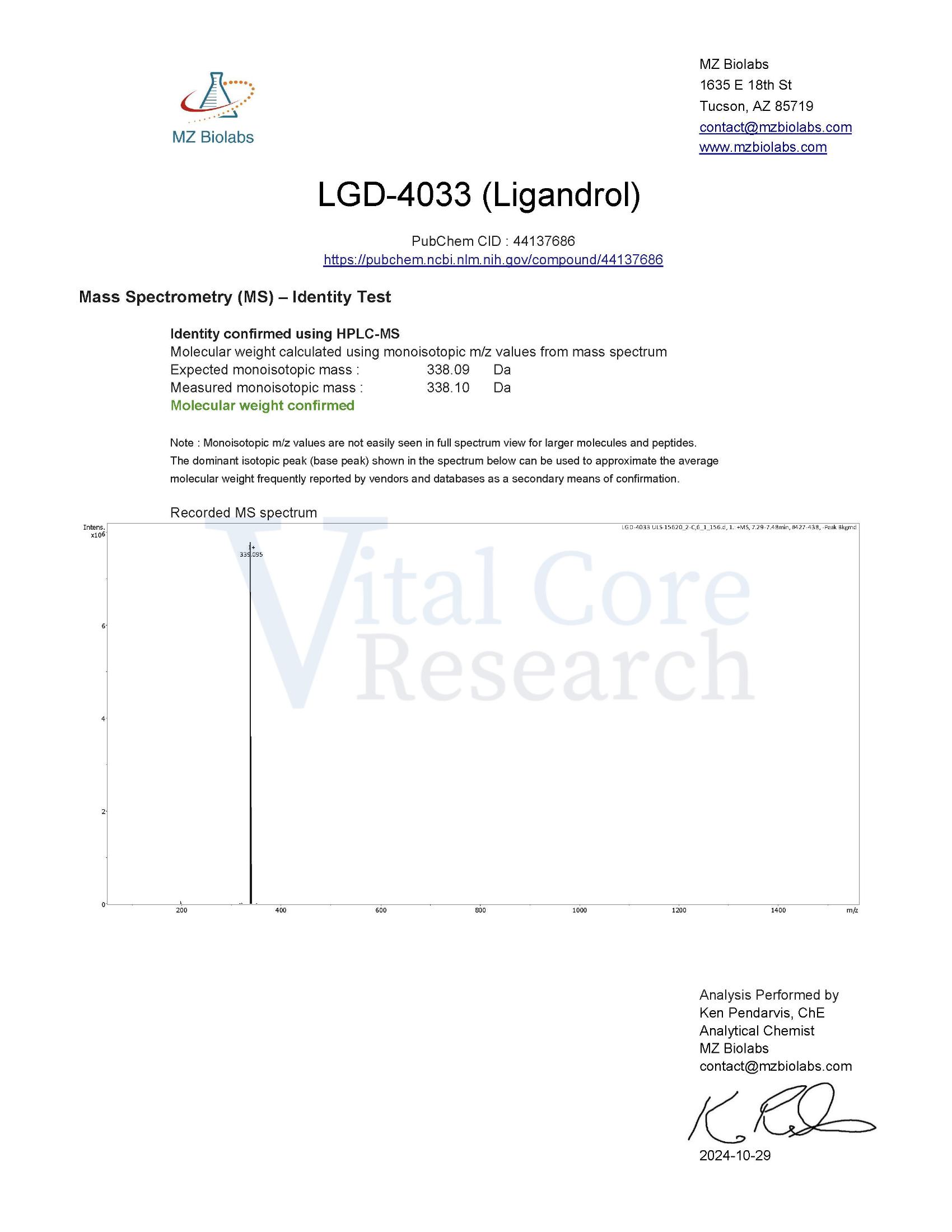 Certificate of Analysis for LGD-4033 from Vital Core Research