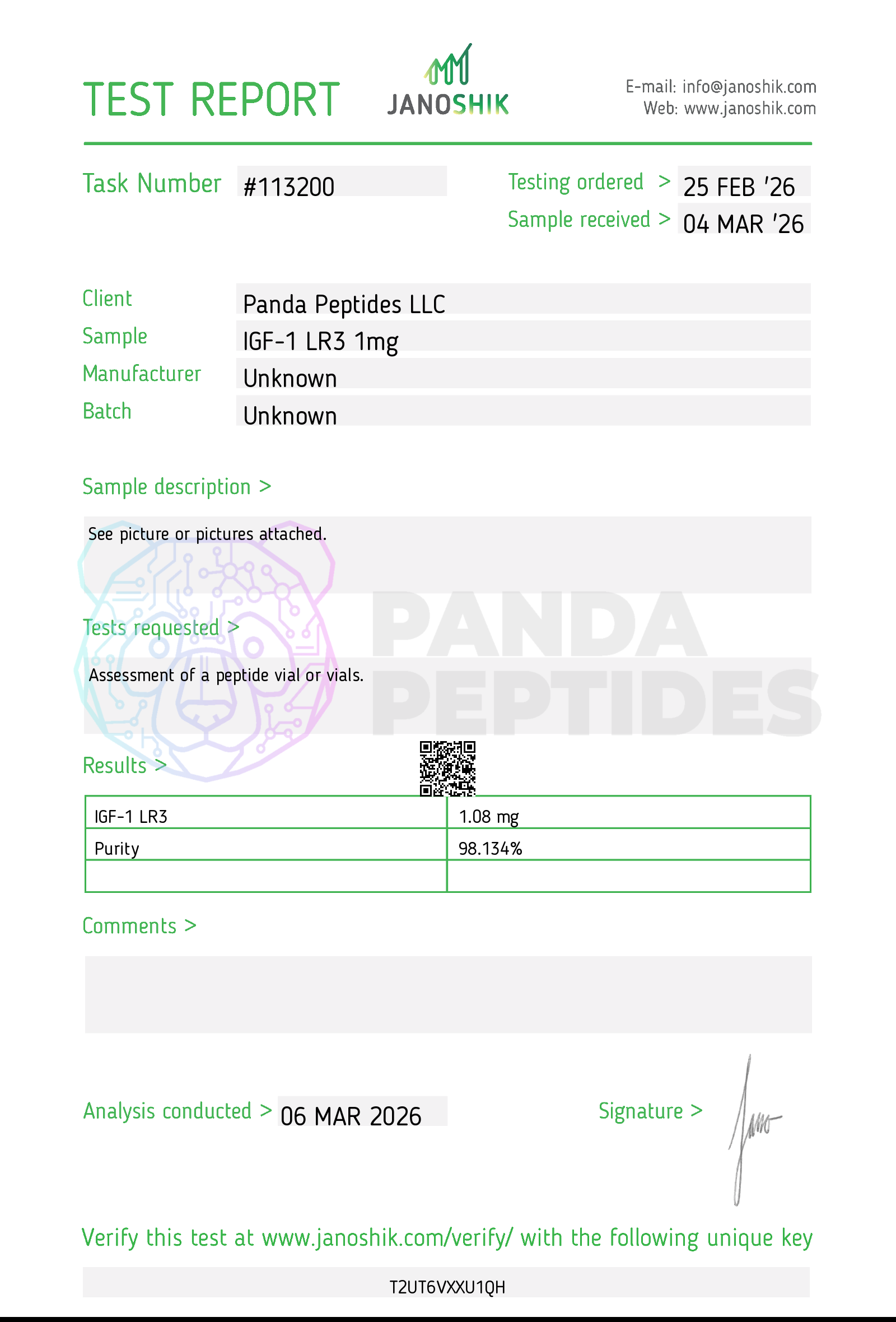 Certificate of Analysis for IGF-1 LR3 1mg from Panda Peptides