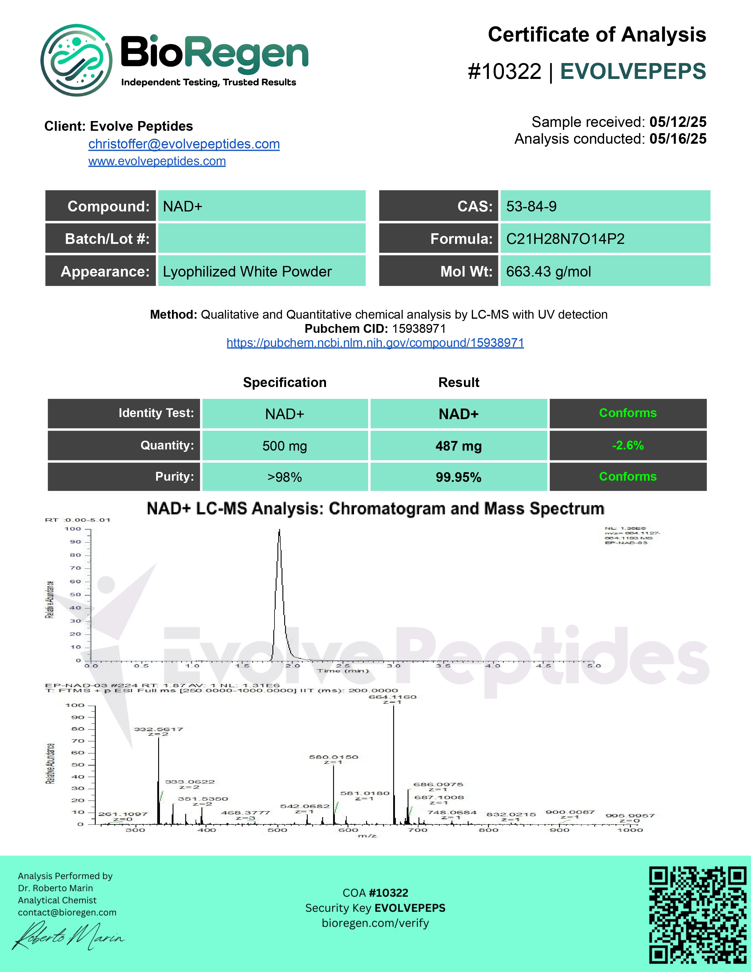 Certificate of Analysis for NAD+ (500 mg) from Evolve Peptides