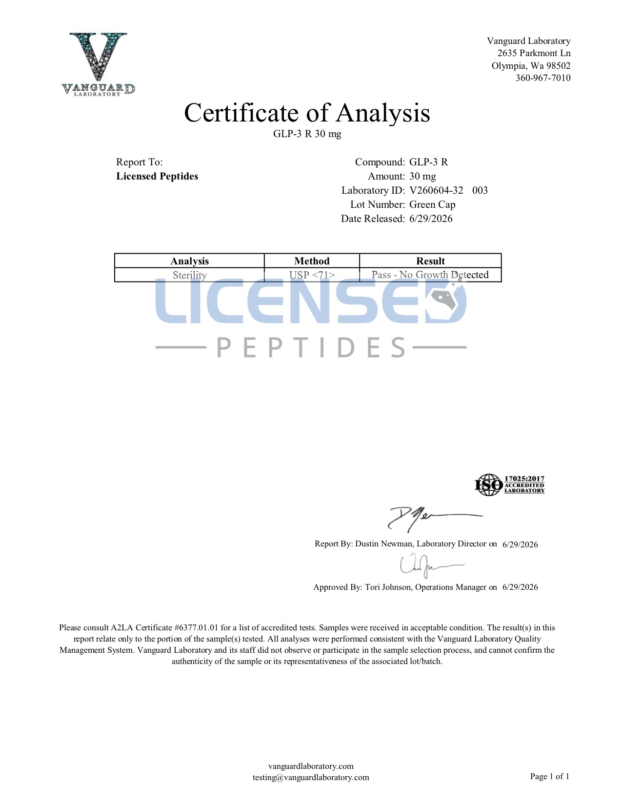 Certificate of Analysis for Retatrutide from Licensed Peptides