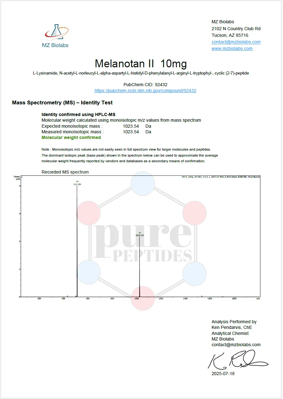 Certificate of Analysis for MELANONTAN II 10MG from Pure Peptides Bio