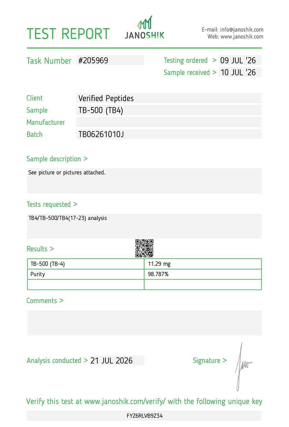 Certificate of Analysis for TB-500 Peptide (TB4) 10MG from Verified Peptides