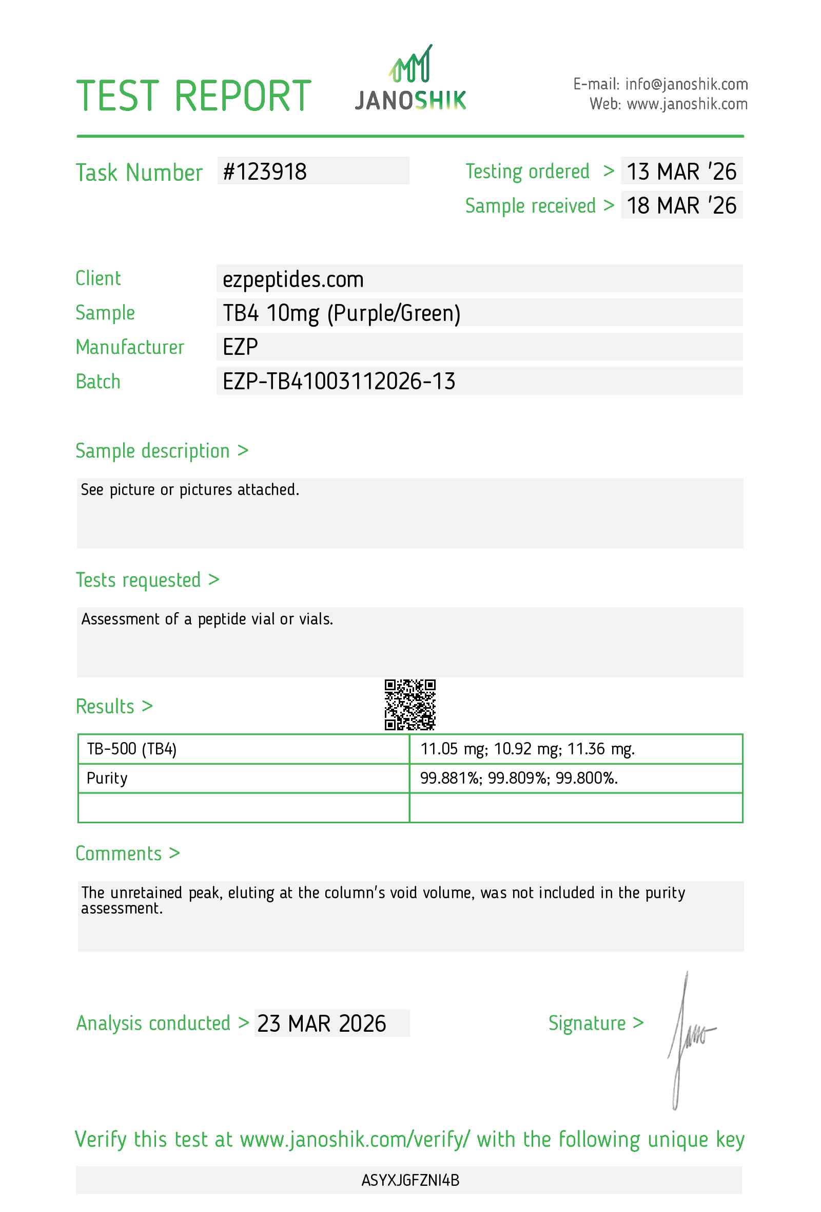 Certificate of Analysis for TB4 10mg from EZ Peptides