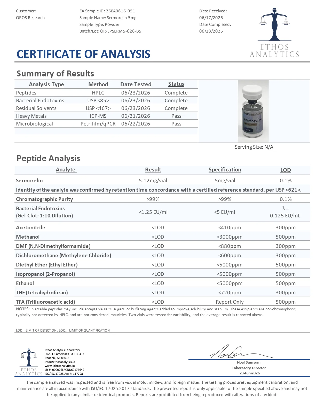 Certificate of Analysis for Sermorelin from Oros Research