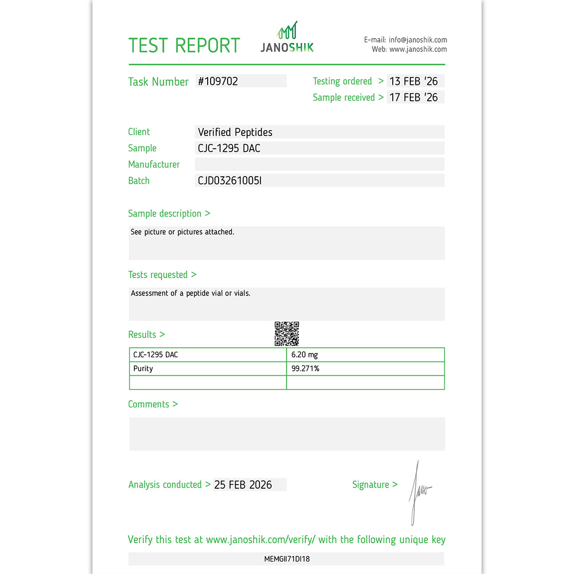 Certificate of Analysis for CJC-1295 DAC Peptide (5MG) from Verified Peptides