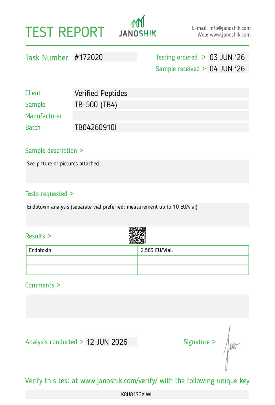 Certificate of Analysis for TB-500 Peptide (TB4) 10MG from Verified Peptides