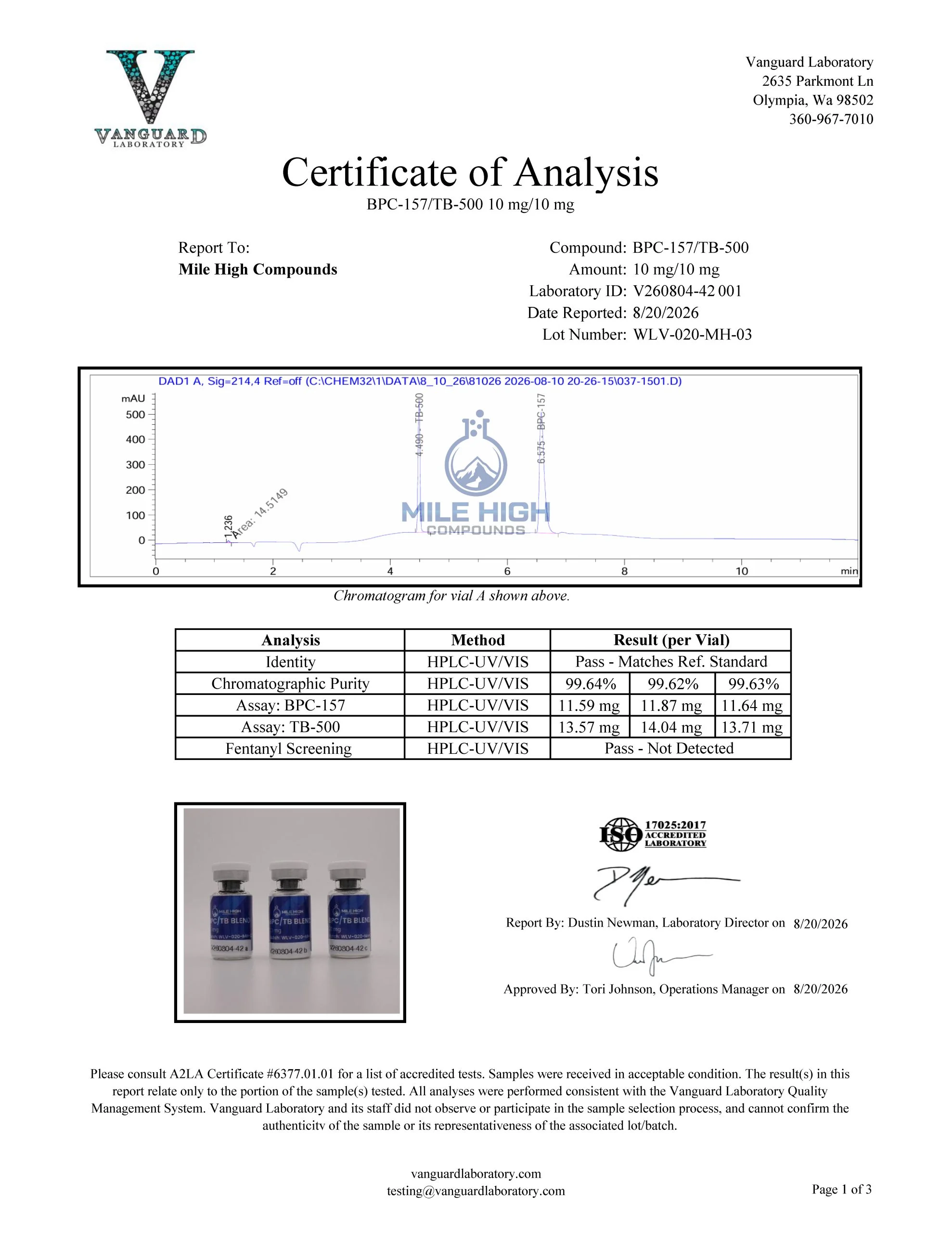Certificate of Analysis for Bpc 157 Tb 500 Blend from Mile High Compounds