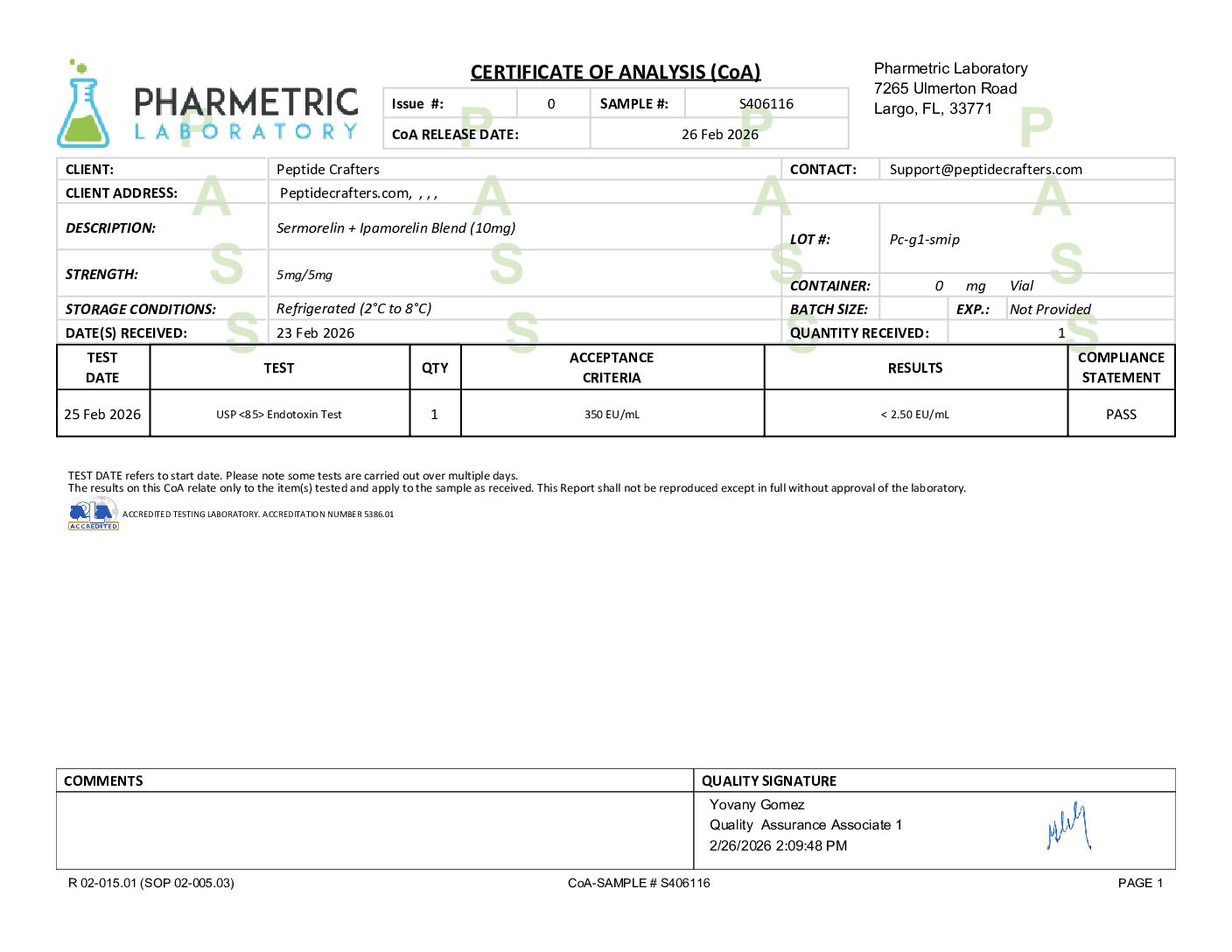 Certificate of Analysis for Sermorelin + Ipamorelin (5/5mg) Blend from Peptide Crafters