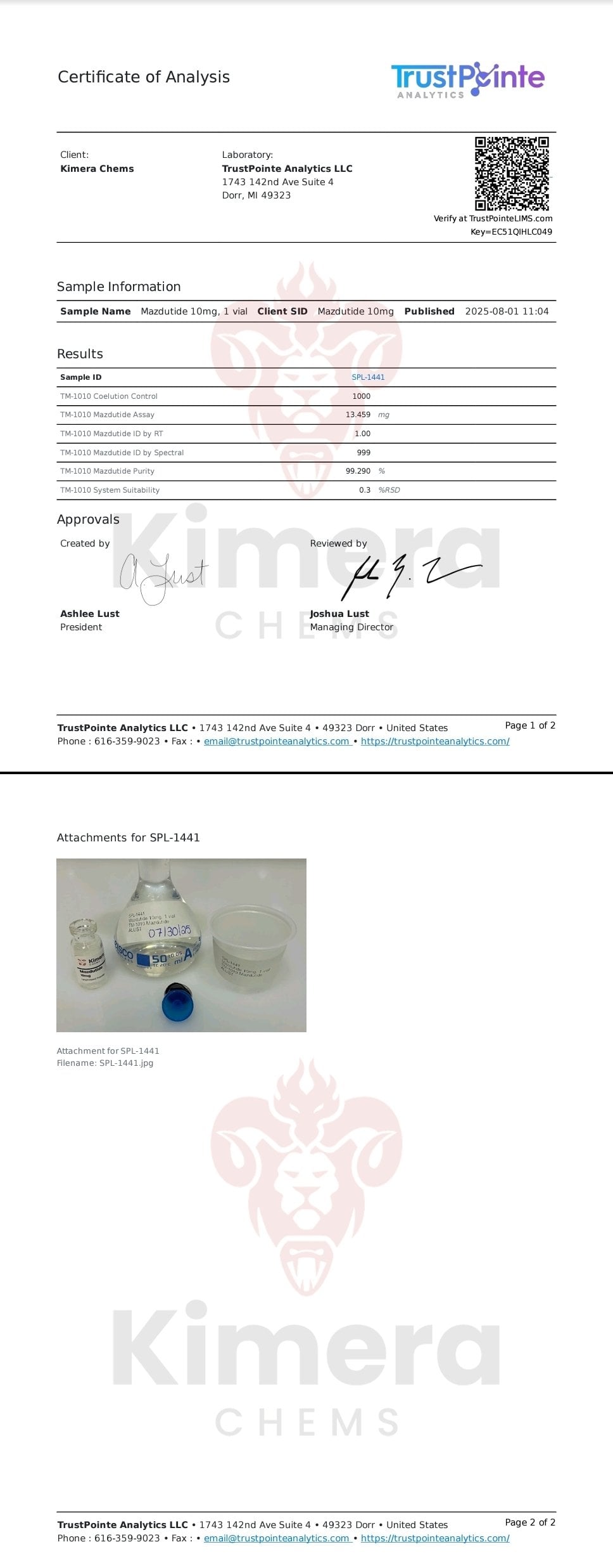 Certificate of Analysis for Mazdutide from Kimera Chems