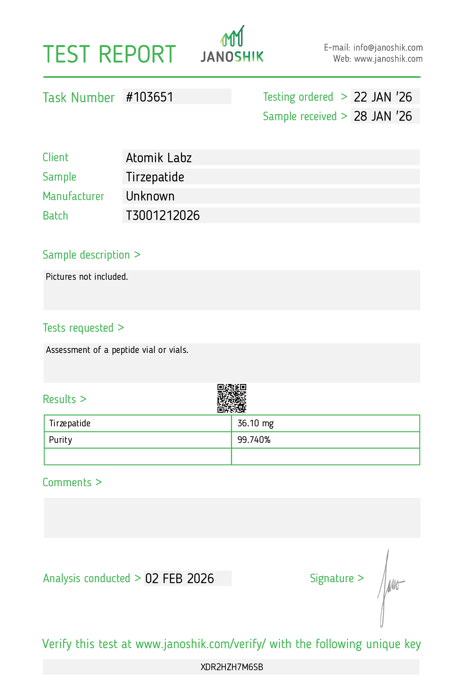 Certificate of Analysis for Tirzepatide from Atomik Labz